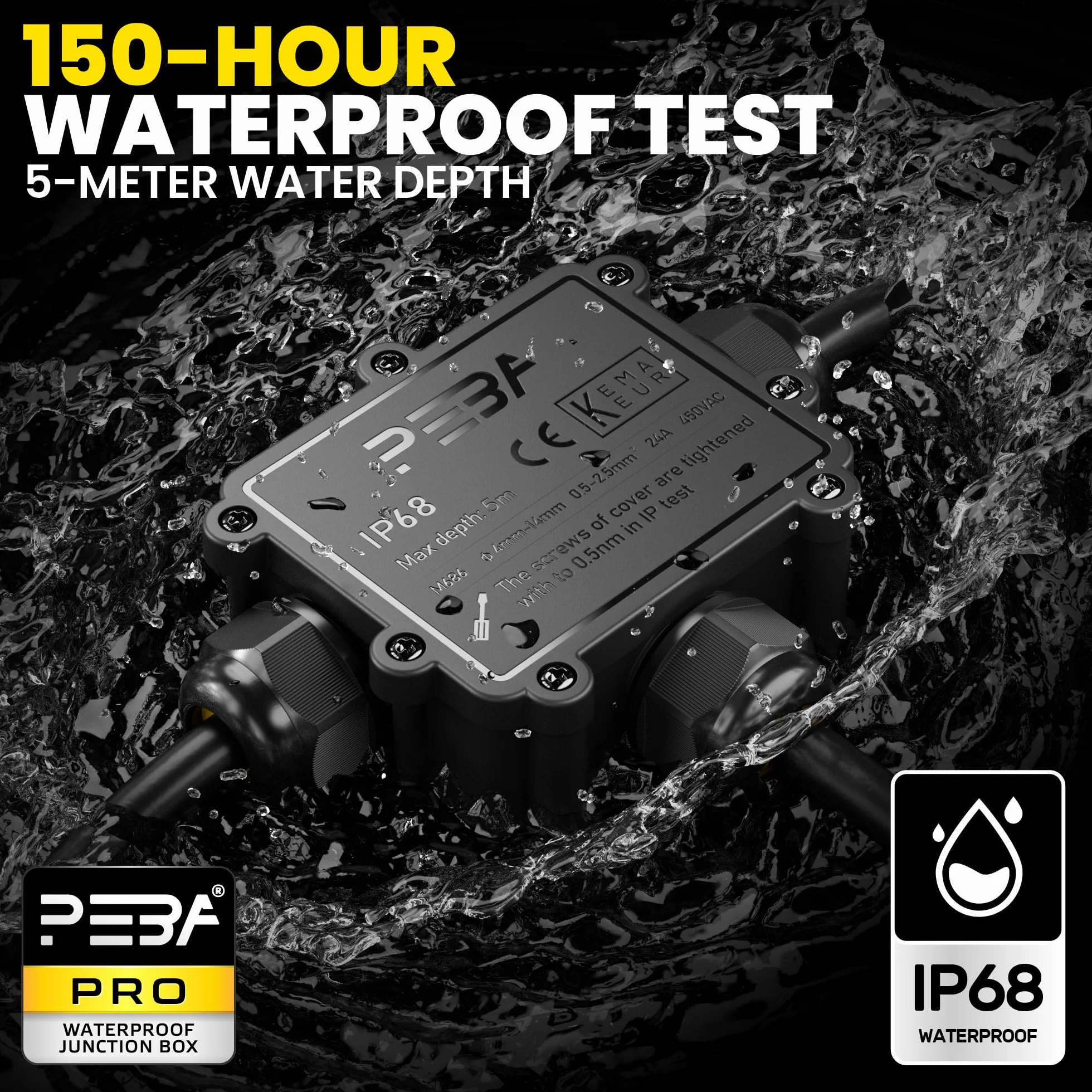 PEBA® IP68 Zewnętrzna Wodoszczelna skrzynka rozgałęźna 3-drożne Wodoodpornych puszek rozgałęźnych, Puszka przyłączeniowa, Wodoodporne złącze kablowe,na Ø 4-14mm ogrodu przyłączeniowa, Czarny 4pcs