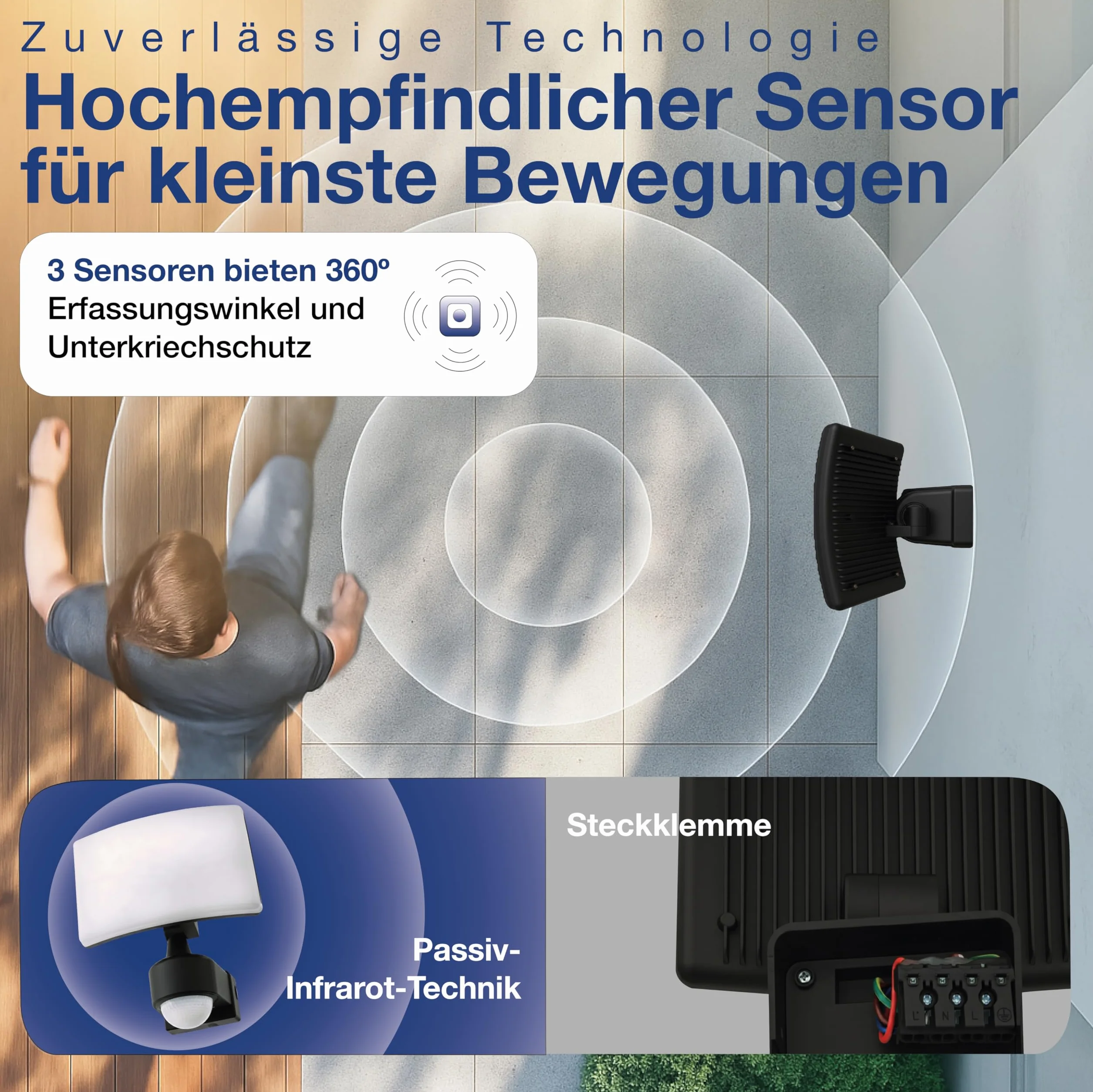 HUBER Reflektor LED z czujnikiem ruchu 360°, 20 W, 1800 lm, bardzo czuły (3 czujniki i soczewki matrycowe), ochrona przed skradaniem i ograniczenie obszaru, montaż ścienny i narożny, IP65, antracyt