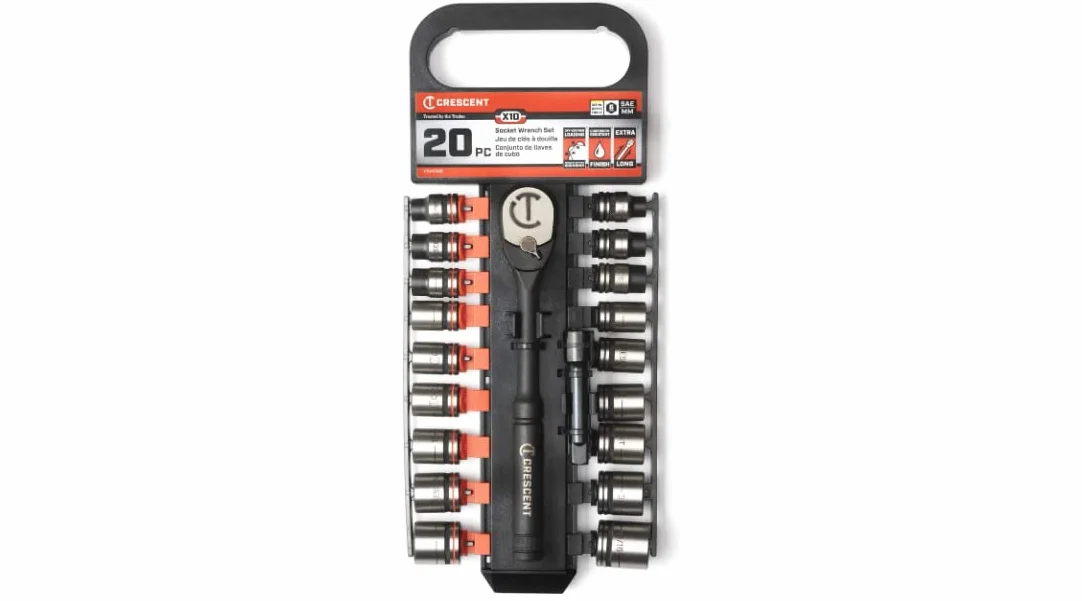 Crescent CSWS38B X10 zestaw kluczy nasadowych, 20 sztuk, z głowicą niskoprofilową i dźwignią podtynkową, 3/8" / 9,525 mm