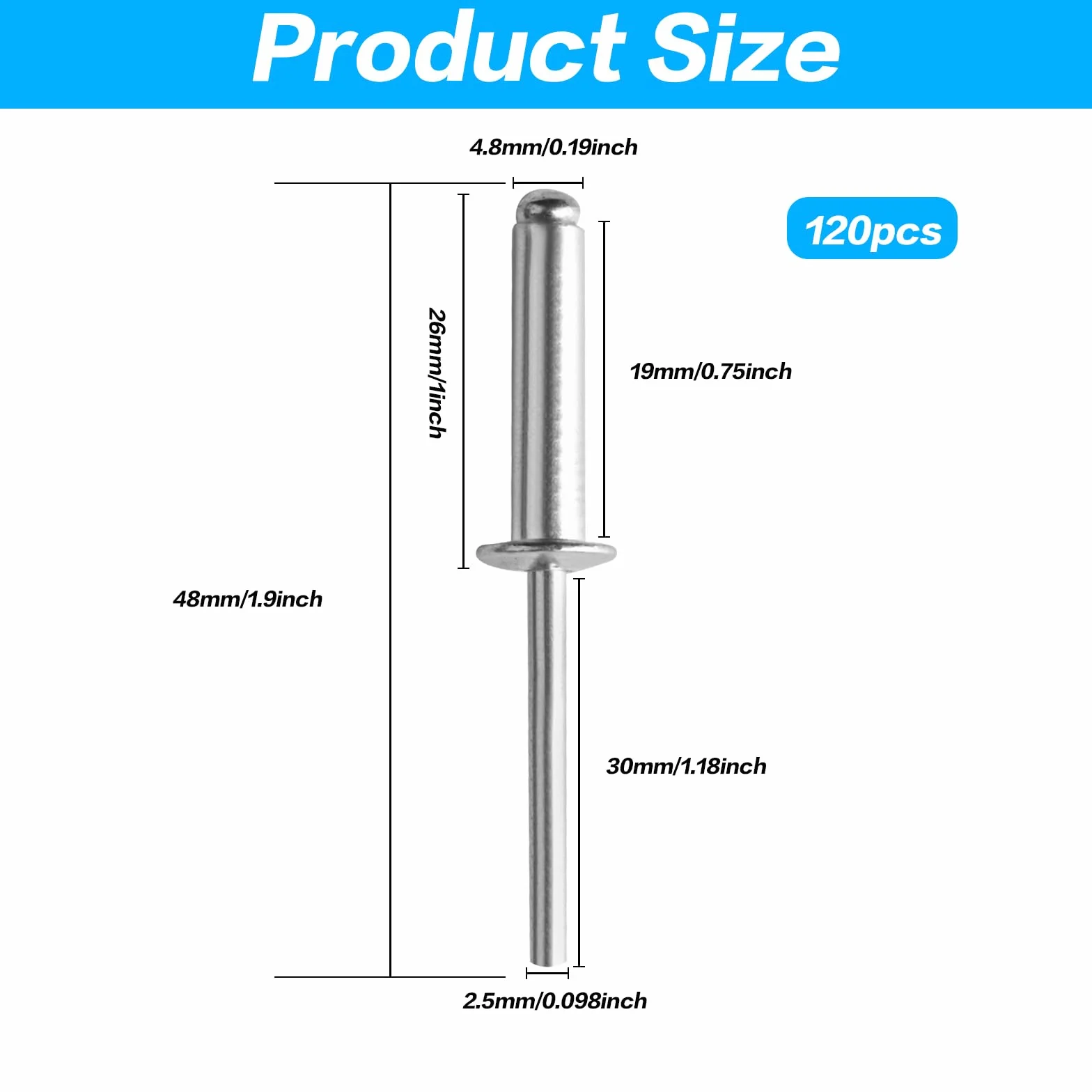 Zestaw 120 nitów zrywalnych aluminiowych 4,8 x 20 mm z dużym kołnierzem