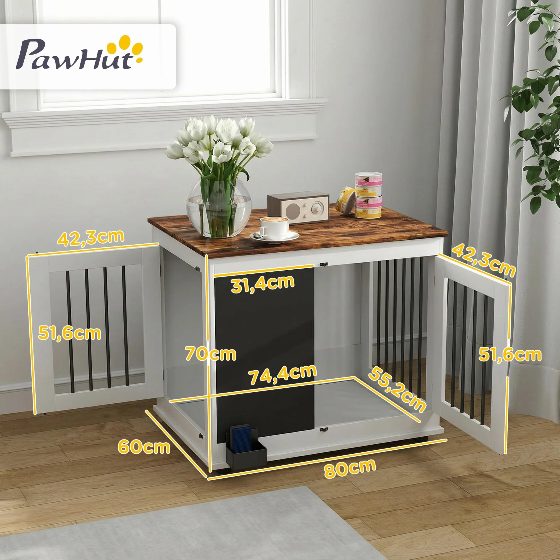 PawHut Pudełko dla psa, do użytku wewnątrz i na zewnątrz, z 3 drzwiami, czarna deska, podwójna funkcja, dla średnich psów do 20 kg, 80 x 60 x 70 cm, biały