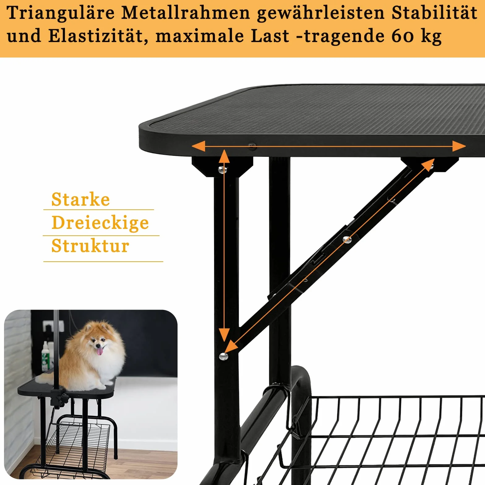 Aufun Stół do trymowania dla psów, stabilny stół do pielęgnacji psów 80x46x76 cm składany, z regulacją wysokości, stół do kąpieli dla psów, pielęgnacja pudla, do 60 kg