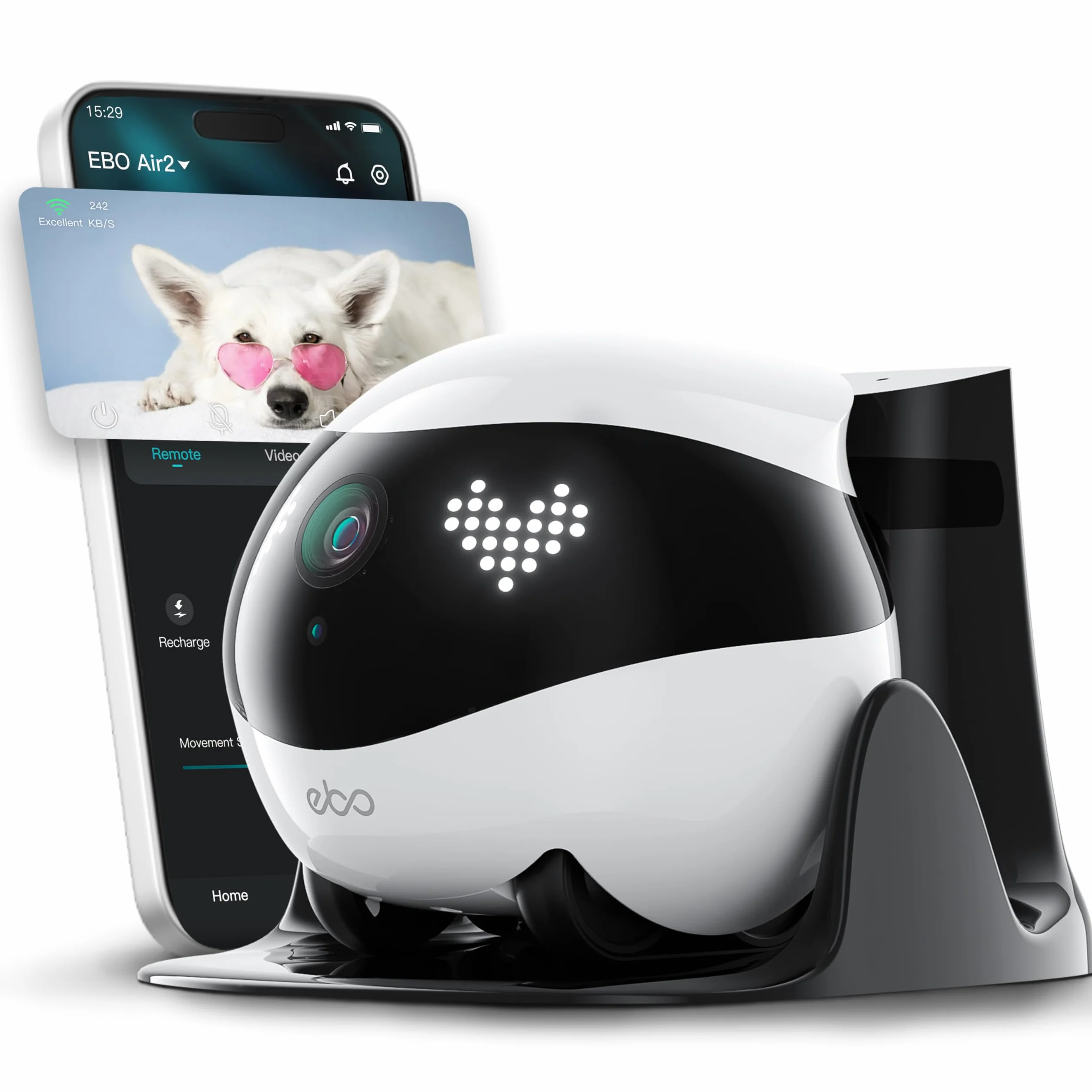 Enabot EBO Air 2 FamilyBot, kamera do monitorowania zwierząt domowych z aplikacją, 2K mobilna kamera domowa z możliwością dostosowywania wyrażeń twarzy, bezprzewodowa kamera dla kotów z noktowizorem