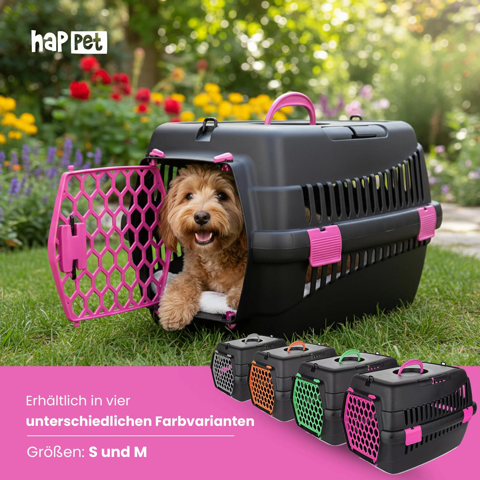 HAPPET Transporter dla zwierząt TEDDY M Fuchsia – klatka podróżna dla kotów i małych psów, wentylowana klatka ze zdejmowanymi drzwiami, klipsami i uchwytem