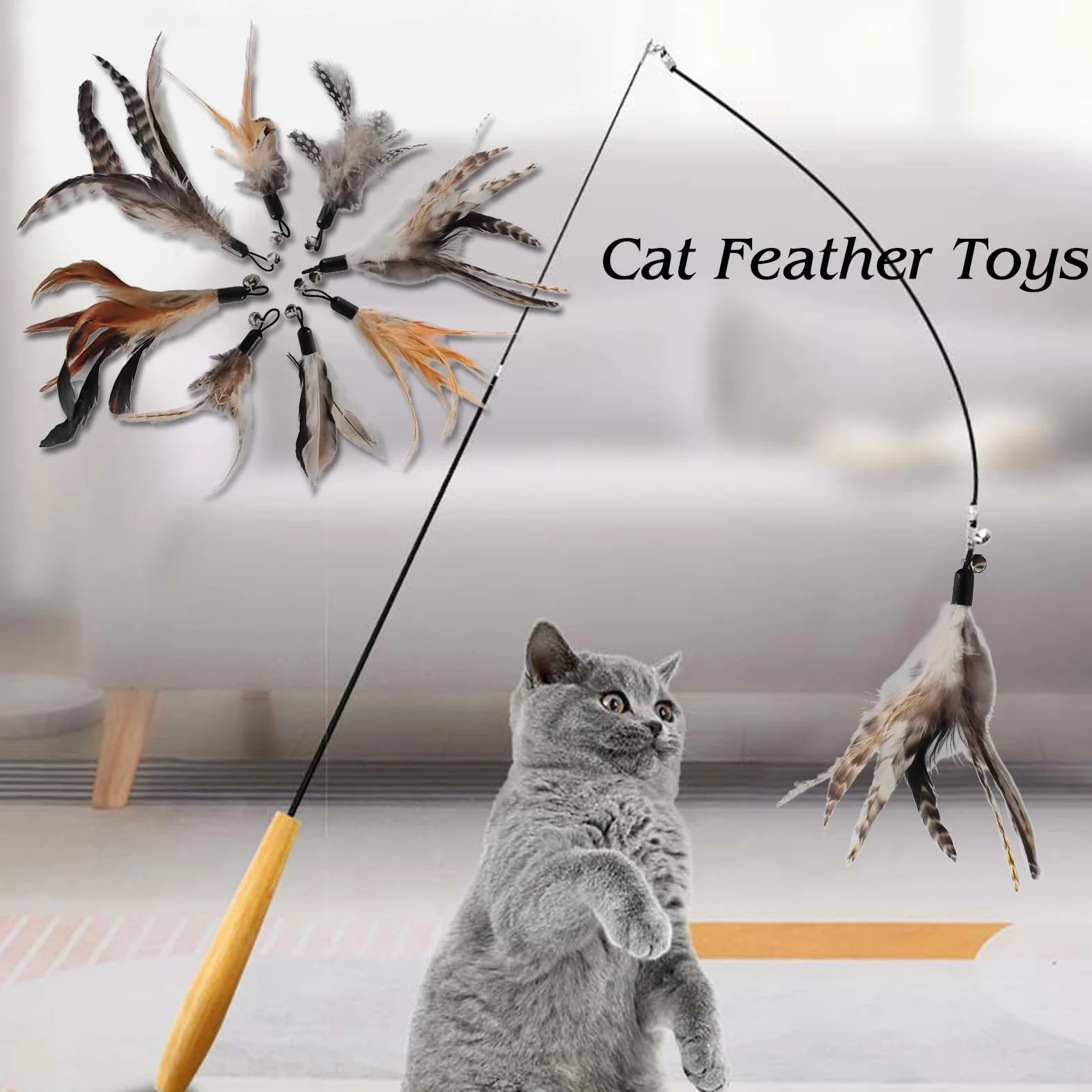 Kot Feather Toys, 8 sztuk zapasowych zabawek z piórami dla kotów, bez barwników chemicznych, łącznie z wkładami do naturalnych piór dla kotów