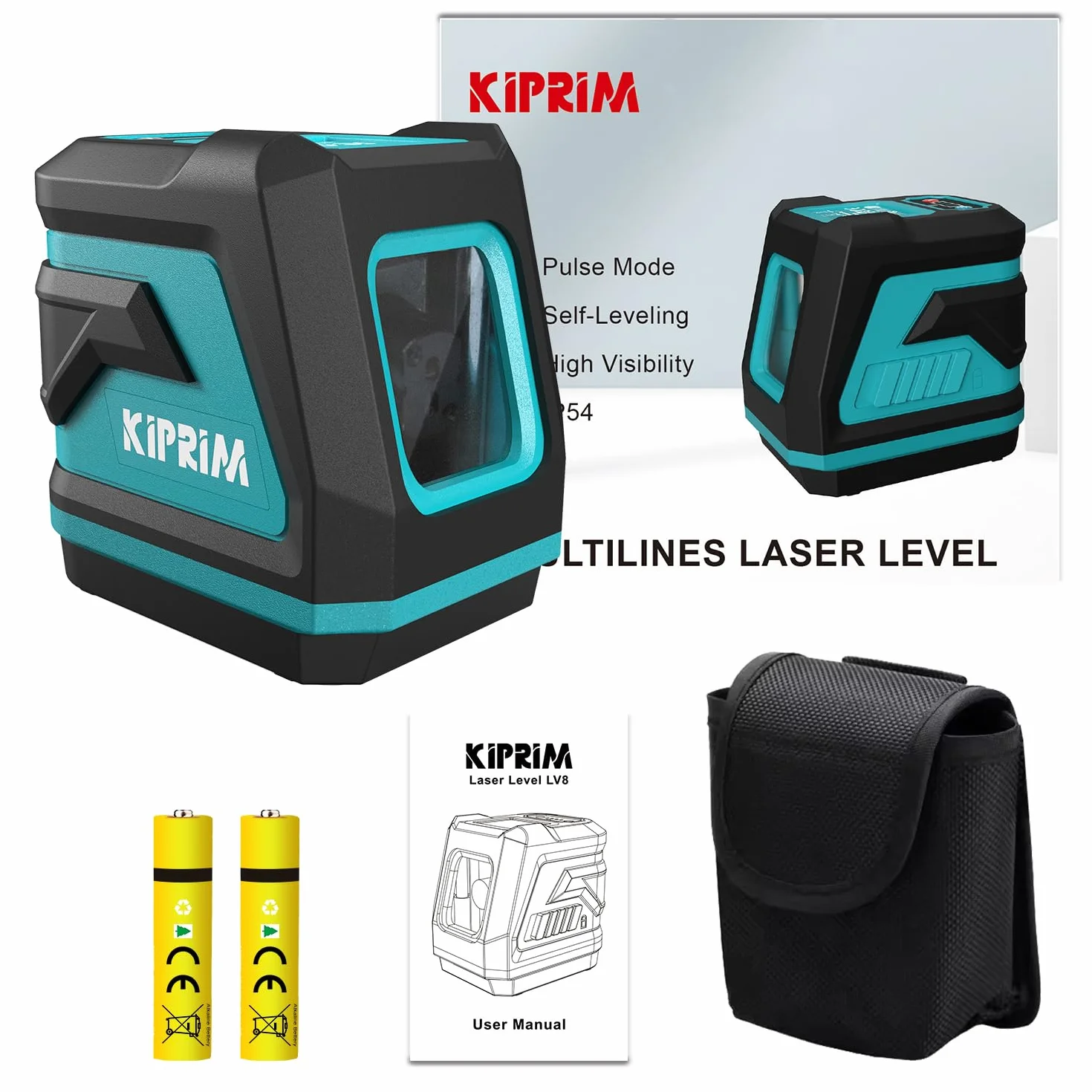 Kiprim LV8 Poziomica Laserowa Krzyżowa Zielona Regulowana Jasność Tryb Ręczny/Autonomiczny/Impulsowy Zestaw z Baterią i Torbą