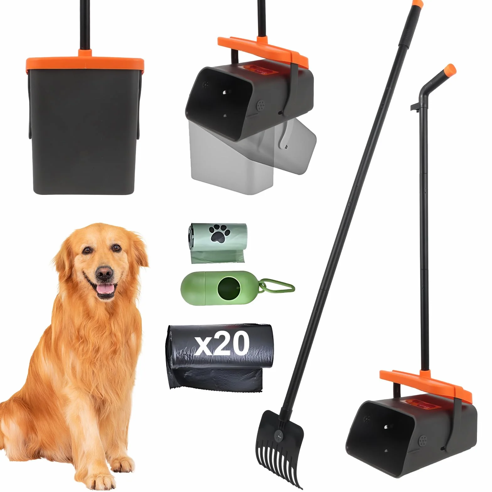 Pooper Scooper, duży obrotowy kosz na odchody dla psów z pokrywką, 117 cm, regulowana, długa rączka, z workami na odpady, odpady dla zwierząt domowych, do ogrodu, na podwórko, trawę, brud lub żwir