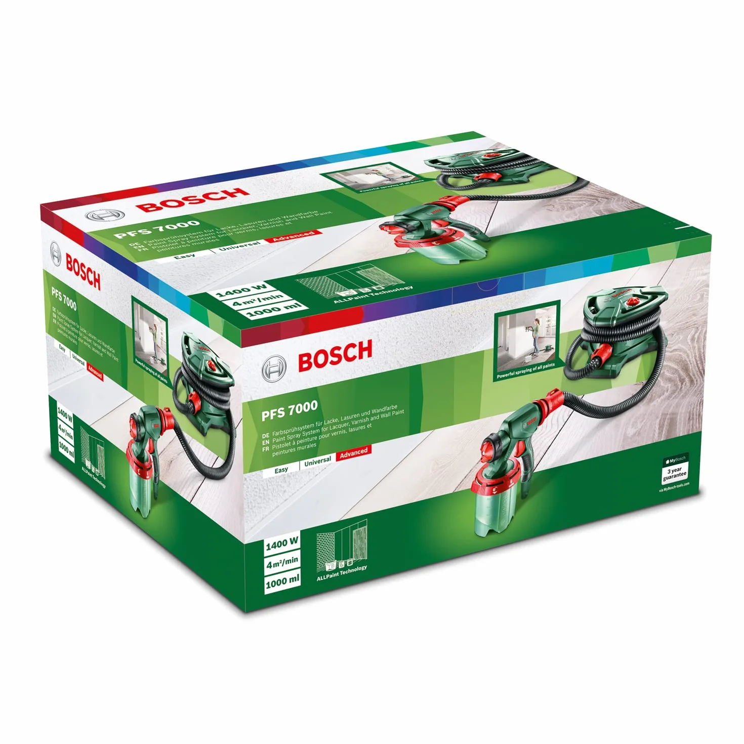 Bosch PFS 7000 System Malowania Natryskowego 1400 W, 2 Pojemniki 1000 ml, 3 Dysze, Filtr, Szczotka