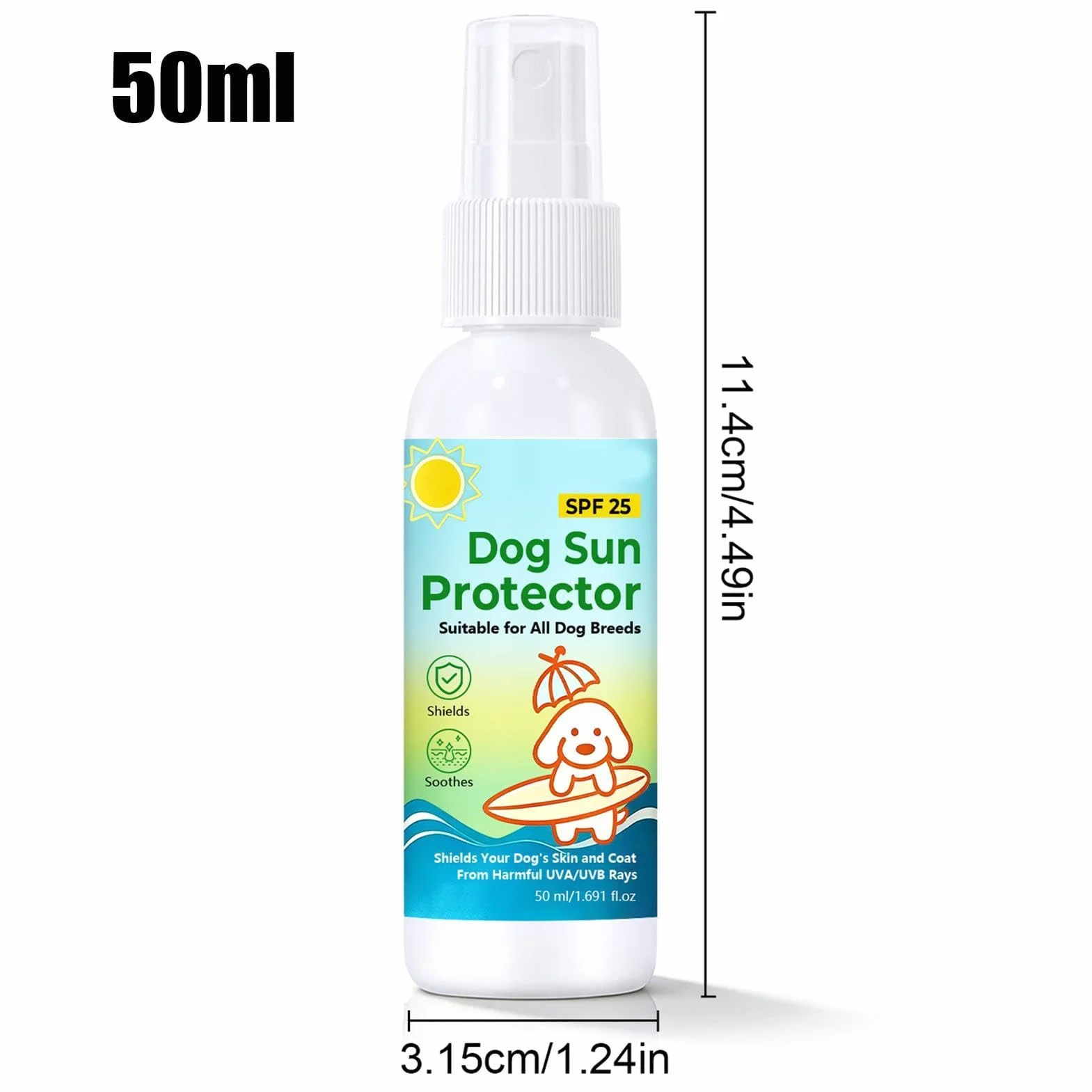 Spray Z Filtrem Przeciwsłonecznym Dla Psów, Z Ochroną Spf 25, 50 Ml, Ochrona Przed Promieniowaniem UV Na Bazie Oleju Dla Psów, Filtr Przeciwsłoneczny Zwierząt Domowych, Odporna Na Pot Ochrona Prze