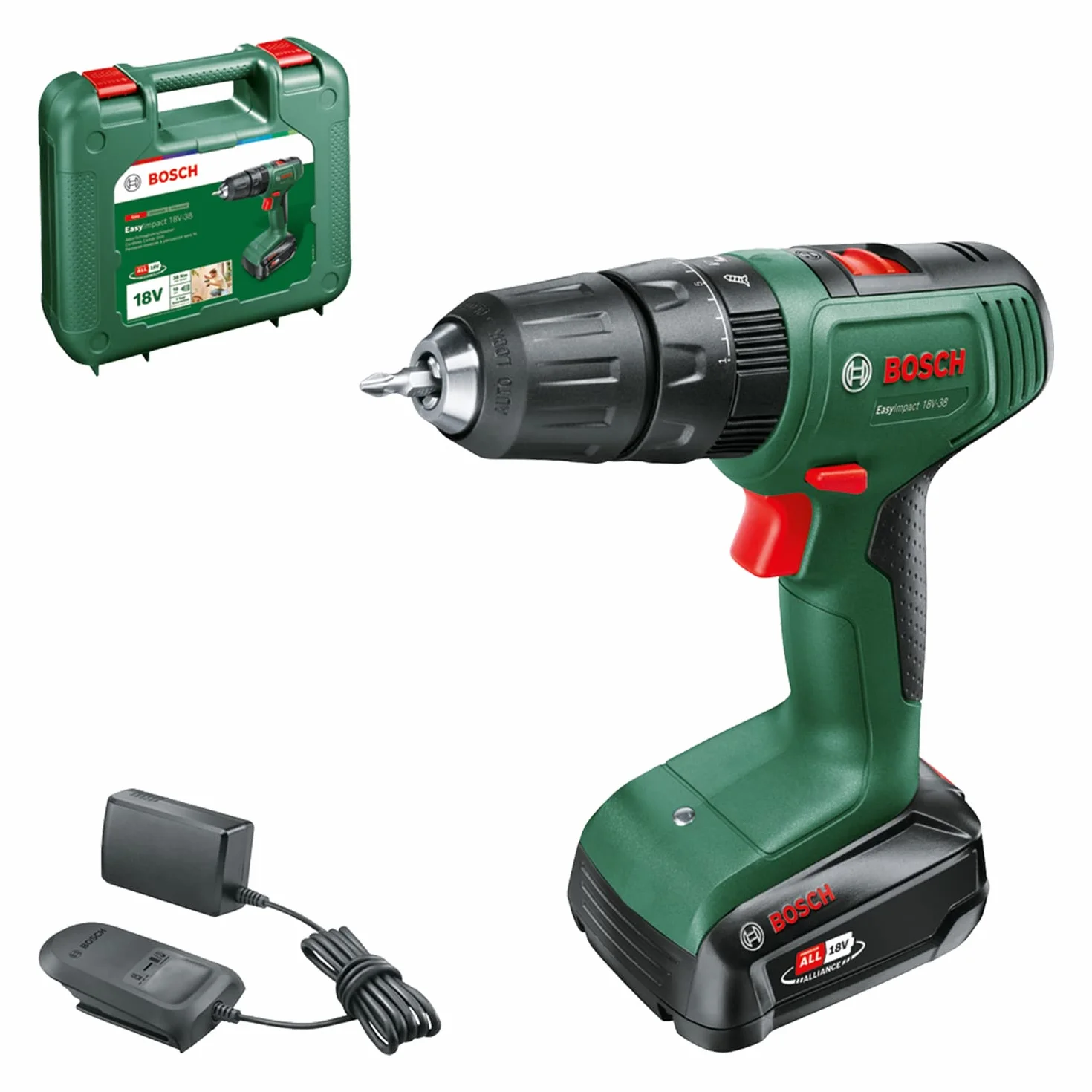 Bosch Home And Garden Easyimpact 18V-38 Wiertarka Udarowa, Czarny/Zielony, ‎21,6 x 5,7 x 19,5 cm; 2,31 kg
