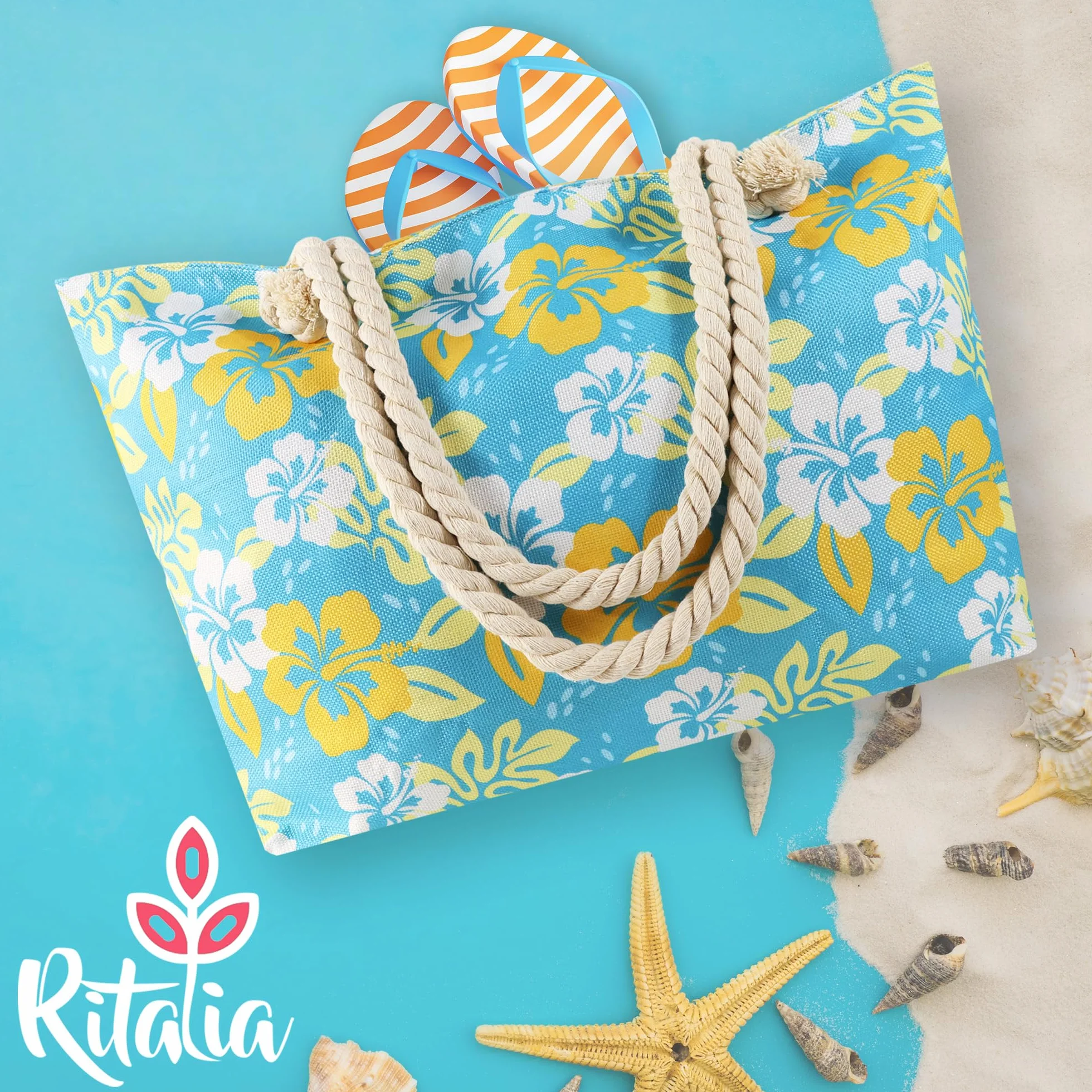 Ritalia® Duża torba plażowa XXL dla rodzin | Damskie torby plażowe i torba na basen | Wodoodporna torba plażowa z zamkiem błyskawicznym | Damski kosz plażowy | Rodzinny worek plażowy