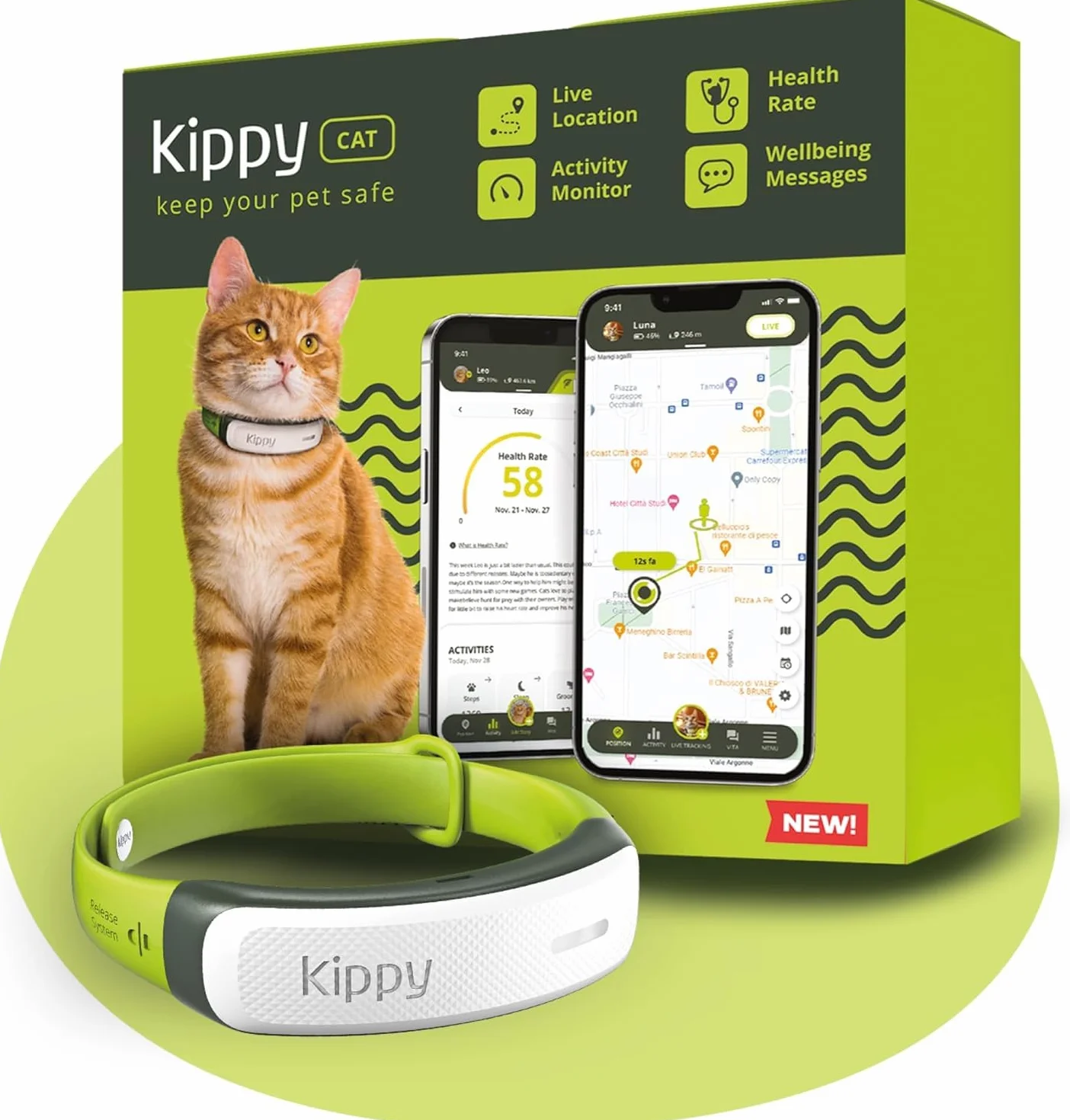 Kippy CAT GPS dla kotów z obrożą lokalizator monitor zdrowia i aktywności antydławieniowy alerty wirtualne granice