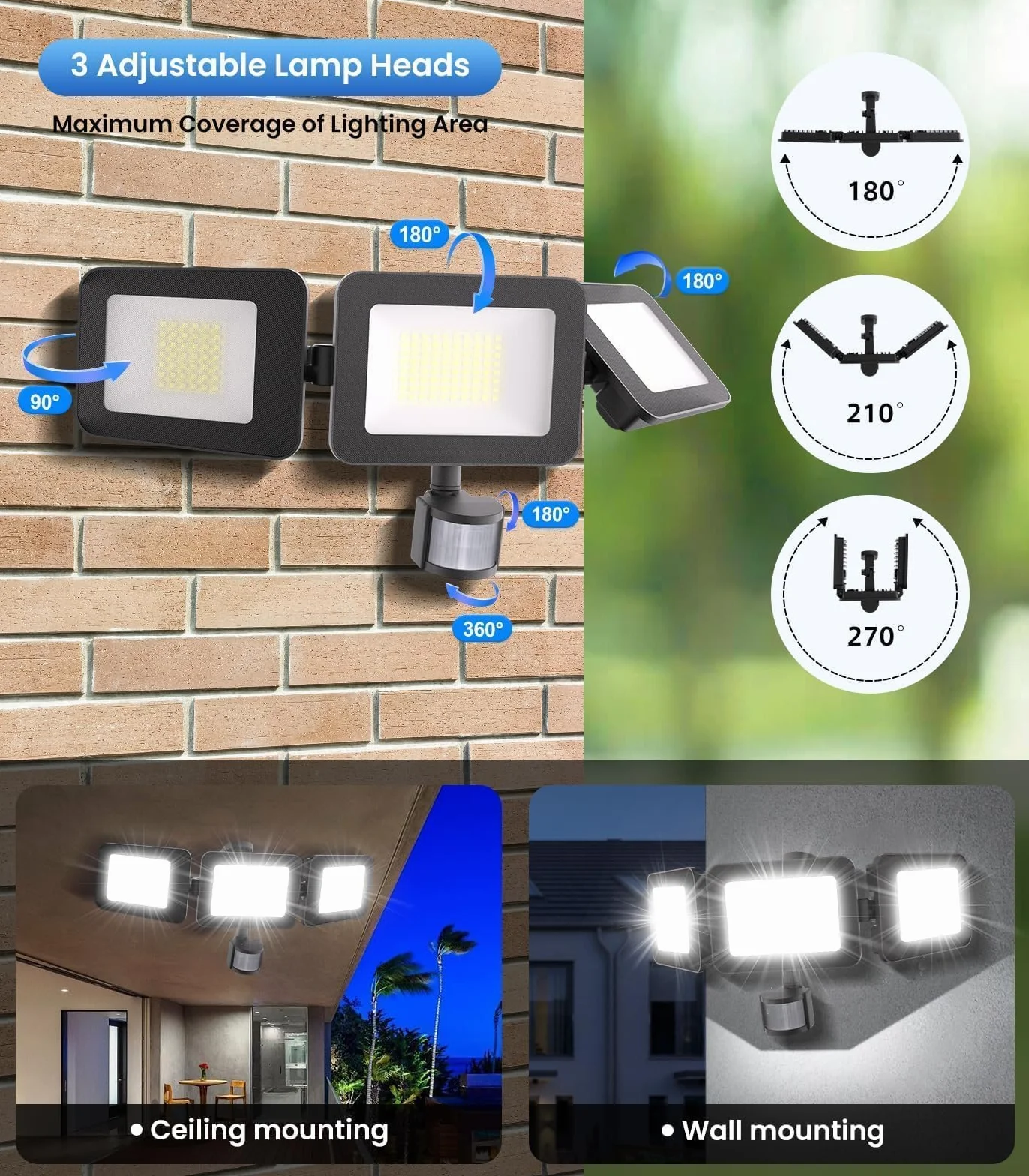 MEIHUA 100W LED ?wiat?o ?wietlne z czujnikiem ruchu zdalne sterowanie 9600LM IP66 wodoodporne ?wiat?o 6500K Trzy g?owy 270° Regulowane ?wiat?o ?wietlne na zewn?trz Ogród Gara? Plac sportowy