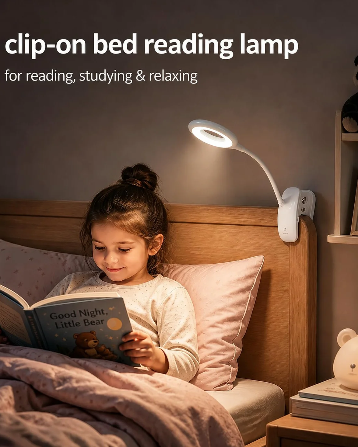 Lampka Zaciskowa do Łóżka dla Dzieci, LED Lampka do Czytania z Klipsem USB, 3 Kolory Światła, Dotykowe Ściemnianie, Lampka Nocna z Elastycznym Ramieniem do Pokoju Dziecka, Łóżka Piętrowego,biała
