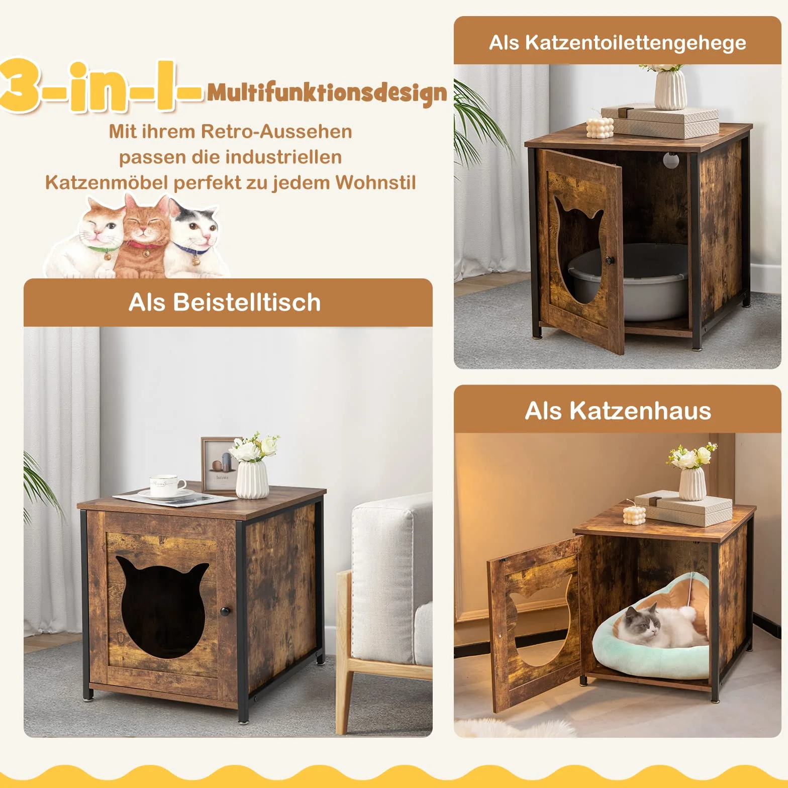 COSTWAY Szafka dla kotów, kuweta dla kota z drzwiami i wejściem, drewniany stolik pomocniczy, domek dla małych i średnich kotów, kolor brązowy, 50 x 53 x 55 cm (1 opakowanie)
