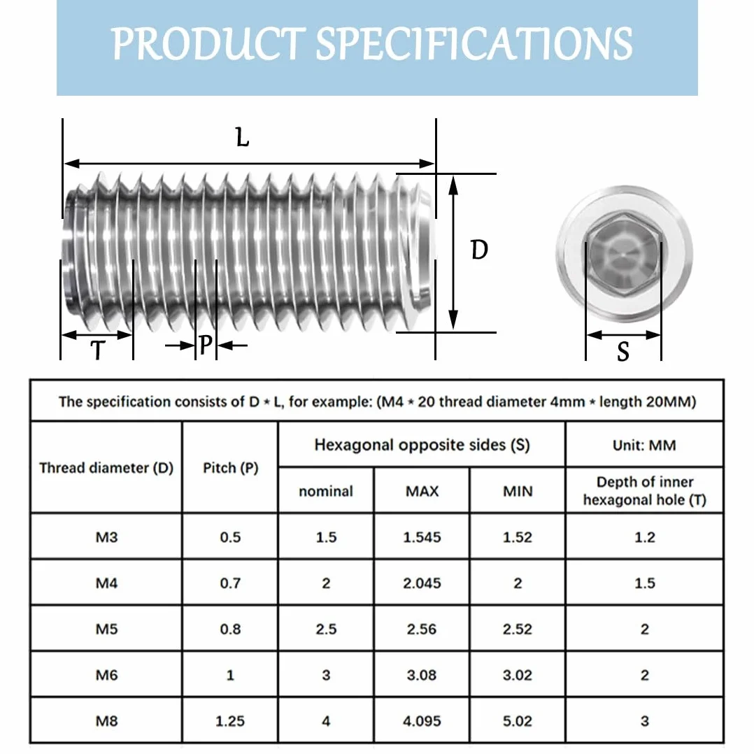 M5 x (8-30mm) Śruby Bez Głowy do Metalu - Śruby z Gwintem z Płaską Głową Sześciokątną Srebrne Stal Nierdzewna 201, M5 x 30mm (20 Sztuk)