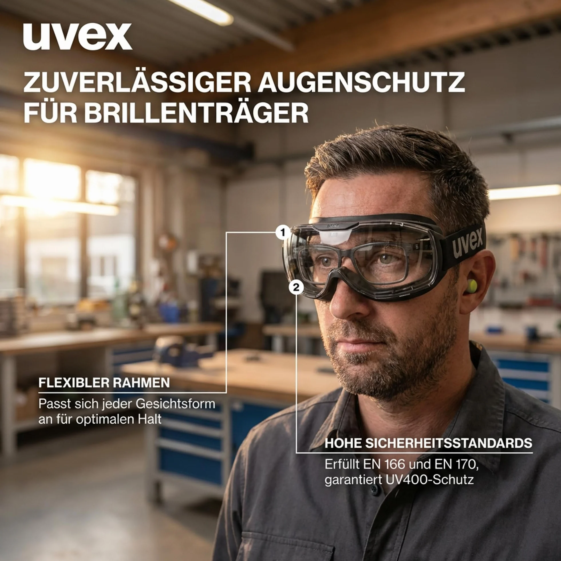 Uvex Megasonic Okulary ochronne dla osób noszących okulary odporne na zaparowanie i zarysowania