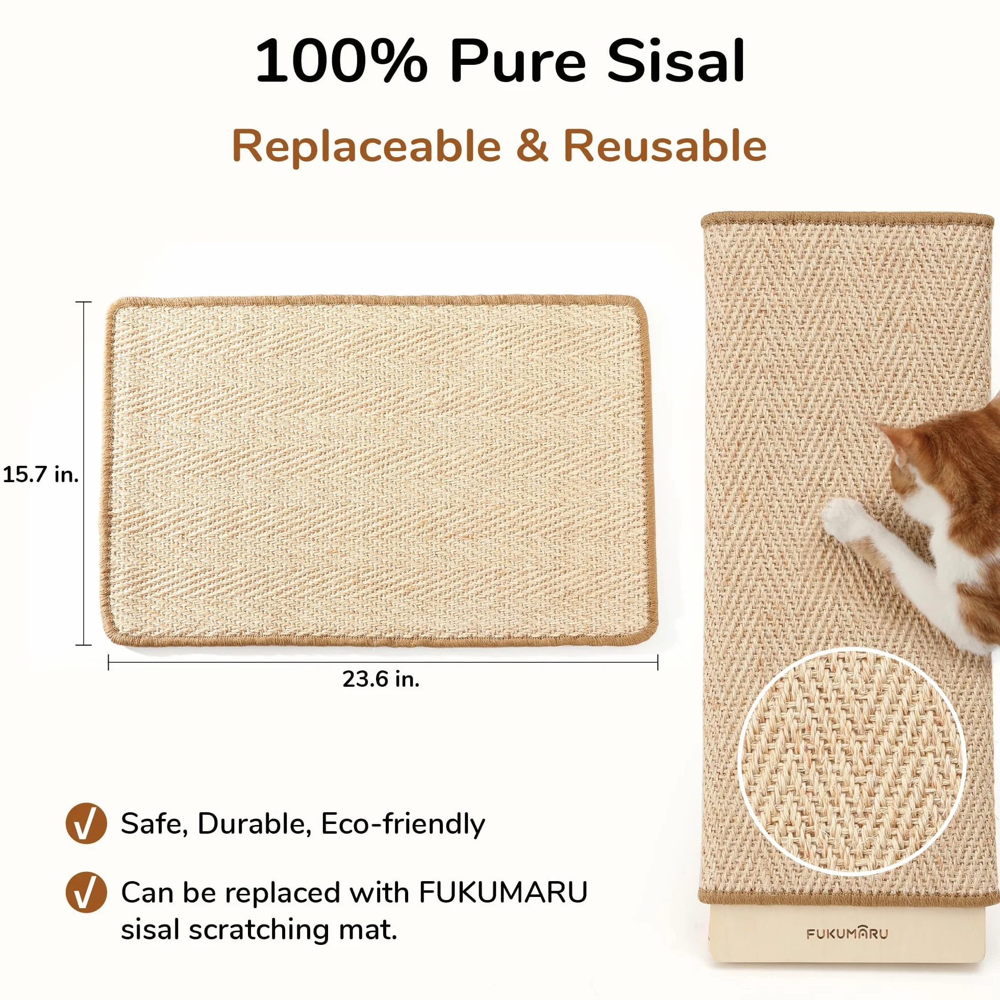 FUKUMARU Drapak Ścienny L dla Kota 65 cm, Sizal Naturalny, Rampa, Wymienny Wkład, Drewniana Rama, Ochrona przed Zadrapaniami, Deska do Drapani