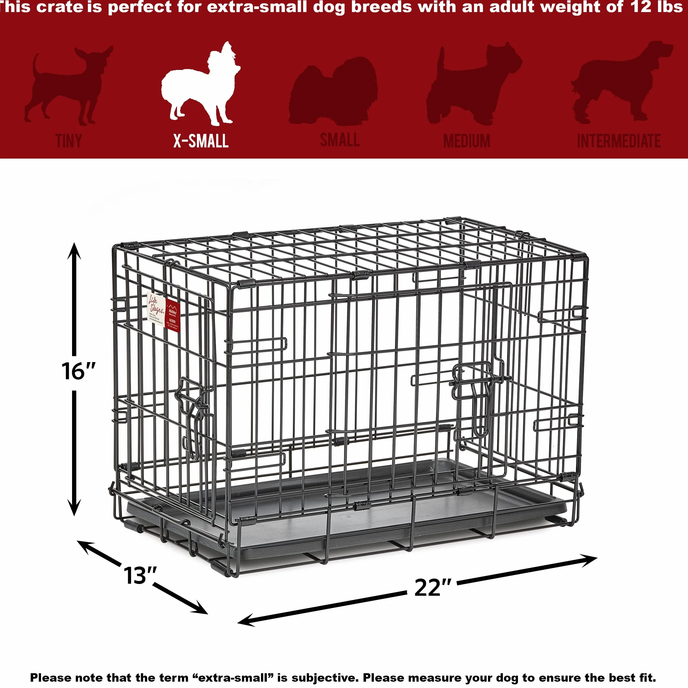MidWest Homes for Pets XS LifeStages Double Door 22-Inch Folding Dog Crate, Enhanced Security, Includes Leak-Proof Pan, Divider Panel, Handle, Rubber Feet