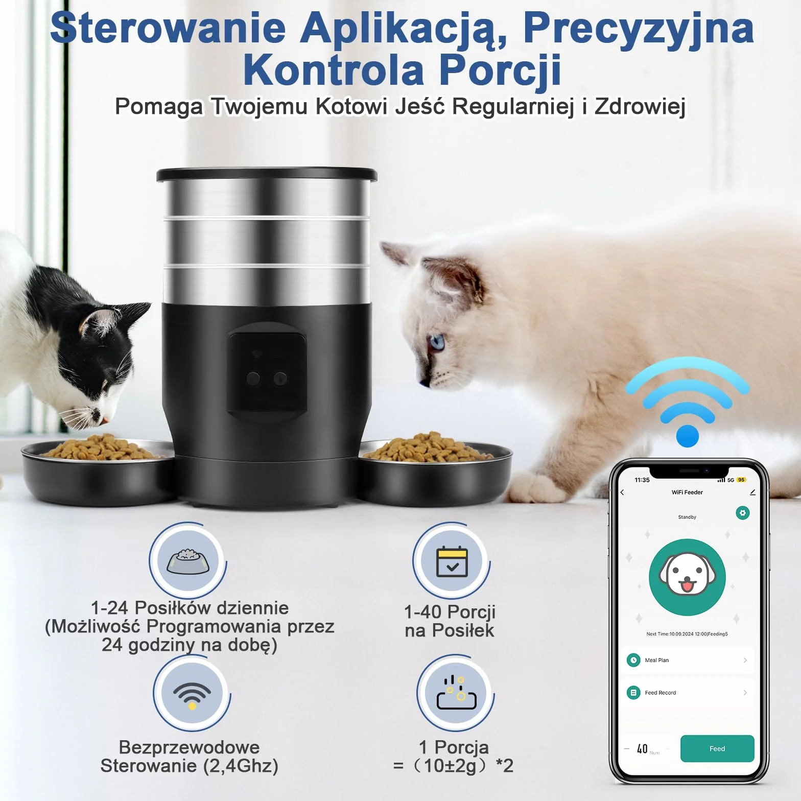 5L Automatyczny Dozownik Karmy Dla Kotów z Podwójnymi Miskami, 2.4G WiFi Zapobiegający Zatorom 1-40 Porcji Spersonalizowane Karmienie 24-Godzinna Rezerwacja, Automatyczny Dozownik Dla Psów i Kotów