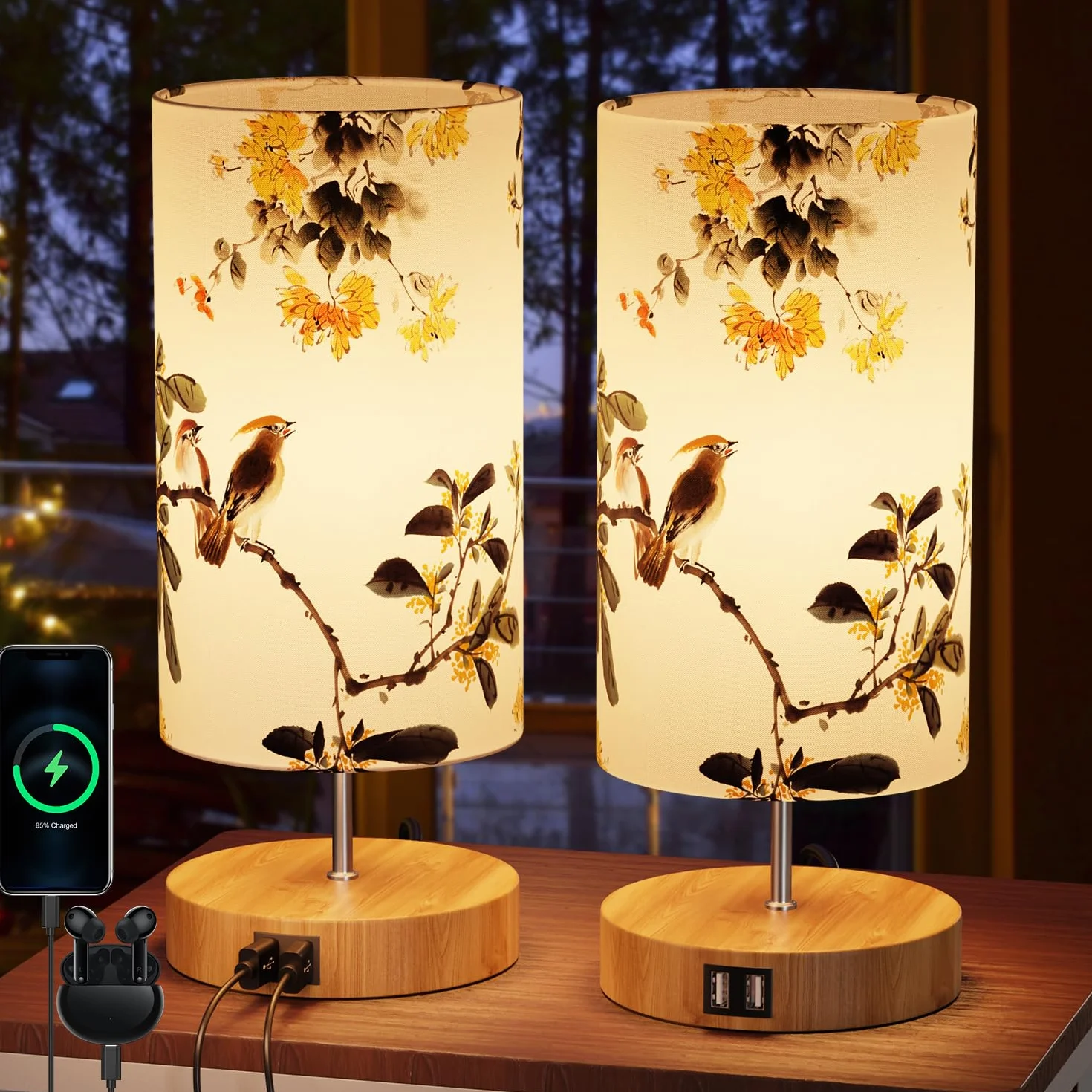 GPATIO lampa, zestaw 2 szt., nowoczesna lampka nocna dotykowa, ściemniana, dekoracja sypialni z nadrukiem, 2 porty ładowania USB, lampa LED