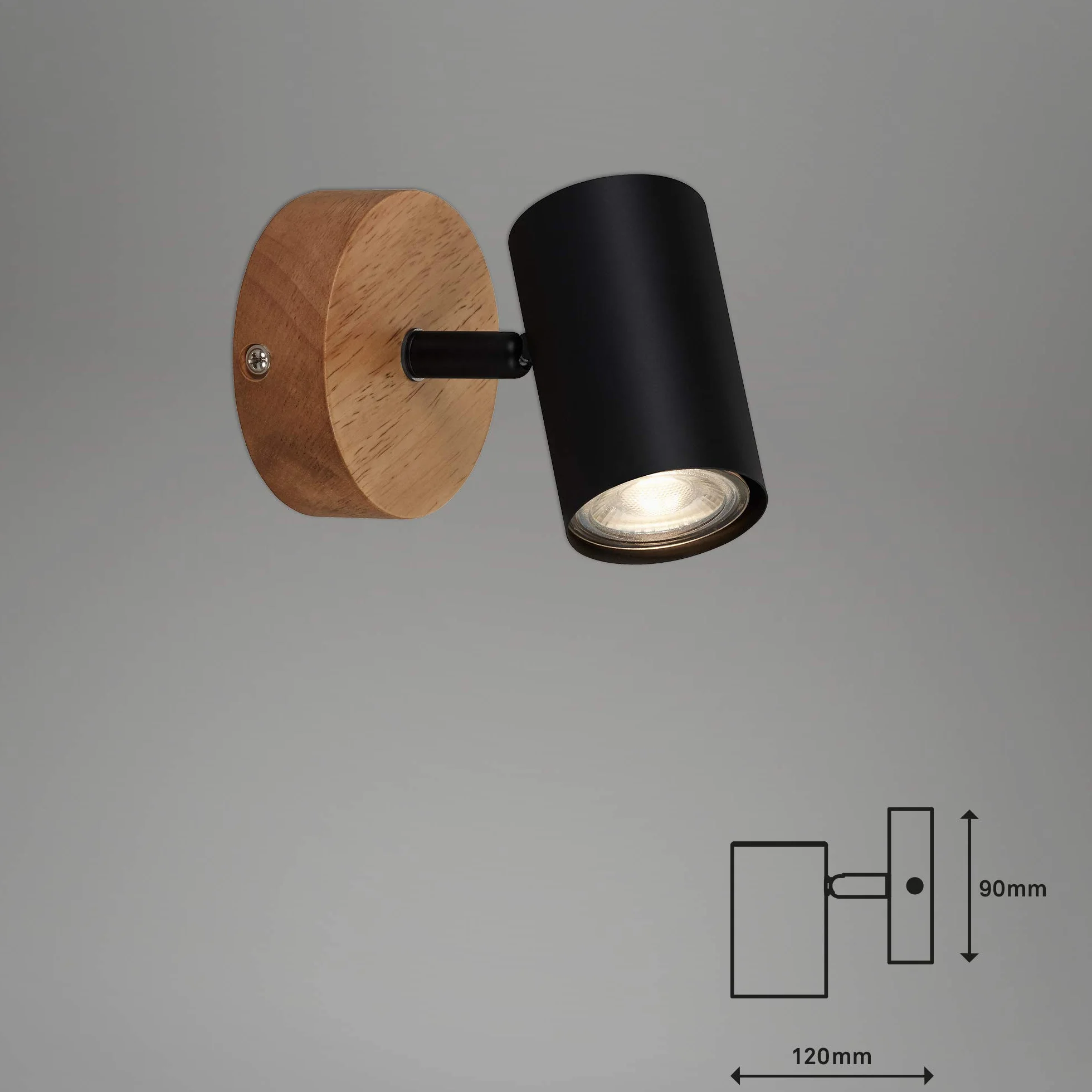 Briloner Leuchten – lampa punktowa, lampa ścienna, kinkiet retro, vintage, reflektor punktowy obrotowy i wychylny, 1 x GU10, metal drewno, czarny, 90 x 120 mm (DxA), 2920-015