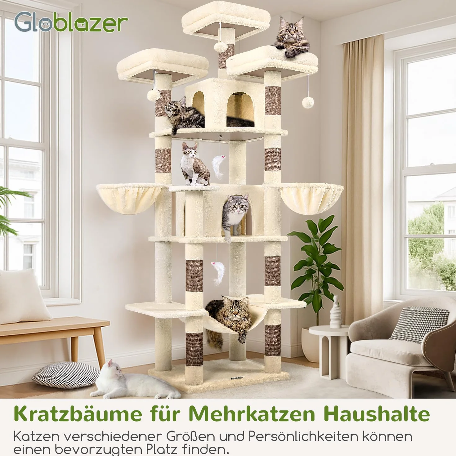 Globlazer Drapak do drapaka, beżowy, duży rozmiar XXL, wysokość 204 cm, z 3 wyściełanymi drążkami, 2 domki dla kotów, 2 kosze, hamak, luksusowe drzewko dla kotów, stabilne, dla 3-5 dorosłych kotów do