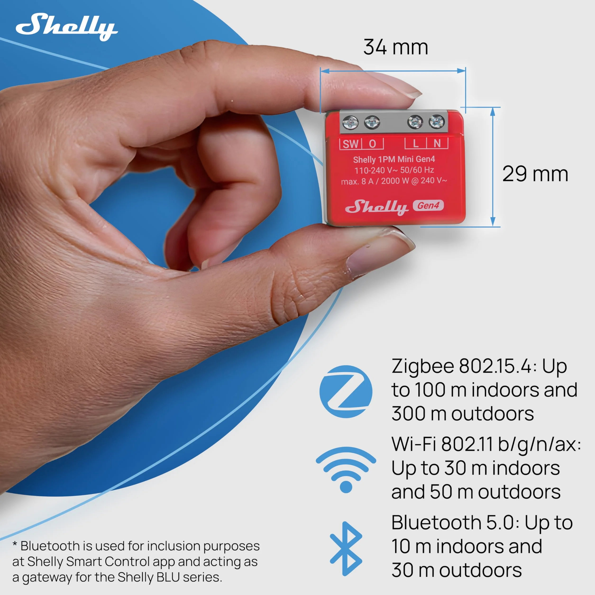 Shelly 1PM Mini Gen4 - Inteligentny przełącznik przekaźnikowy z Bluetooth i Zigbee, 1 kanał, 8 A, pomiar mocy, automatyka domowa, zdalne sterowanie, bez koncentratora, Alexa i Google