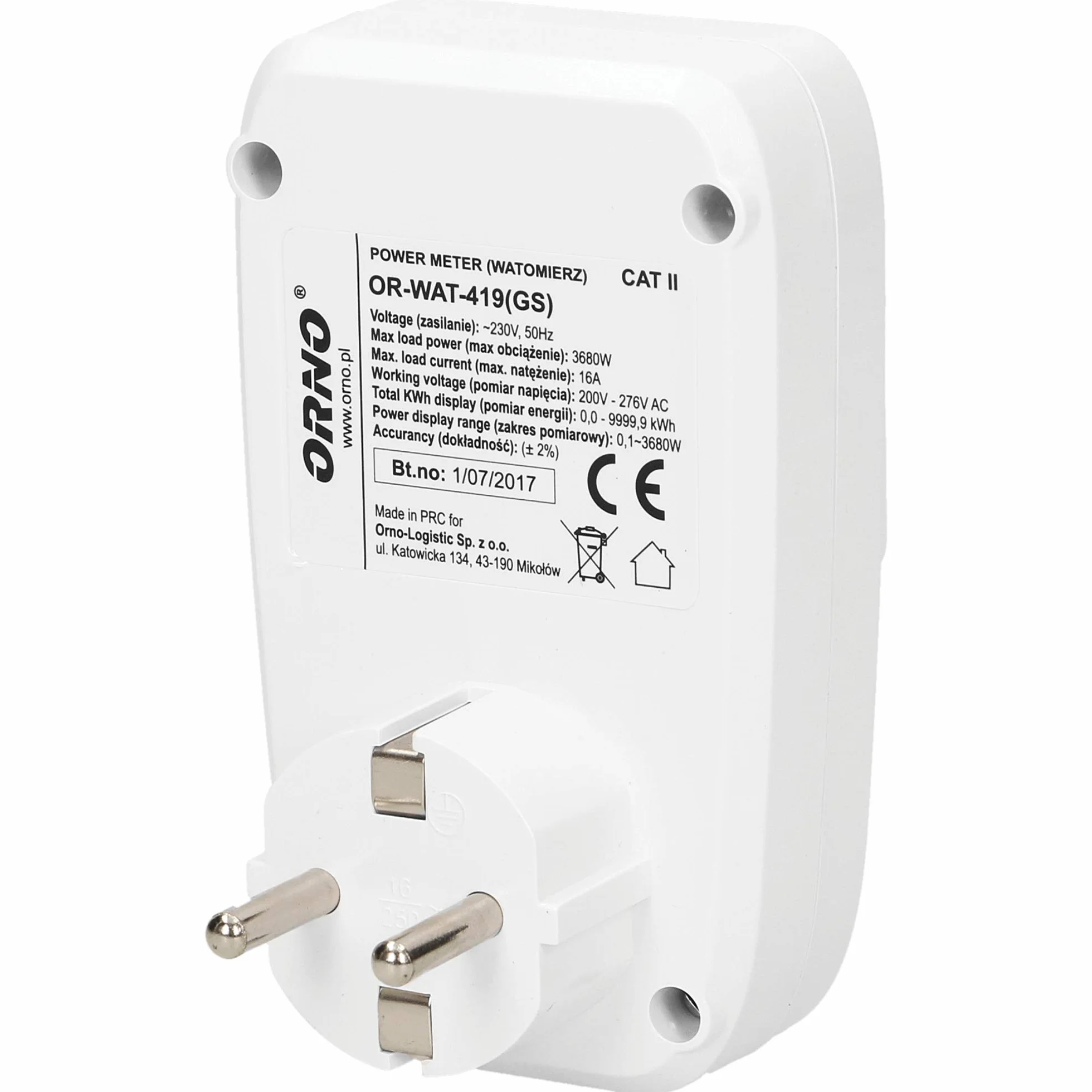Orno WAT-419(GS) Licznik Prądu do Gniazdka Elektrycznego bez Uziemienia (typ E - Schuko) - Miernik Kosztów Energii z Ekranem LCD (brak podświetlenia) Maksymalna Moc 3680 W