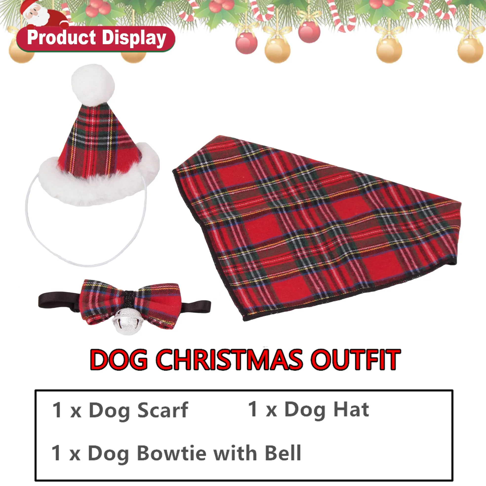 ADOGGYGO Świąteczna bandana dla psa, czapka, muszka, stylowa czerwona krata, czapka bożonarodzeniowa, szalik, kostium, strój dla średnich i dużych psów, zwierząt domowych (rozmiar L)