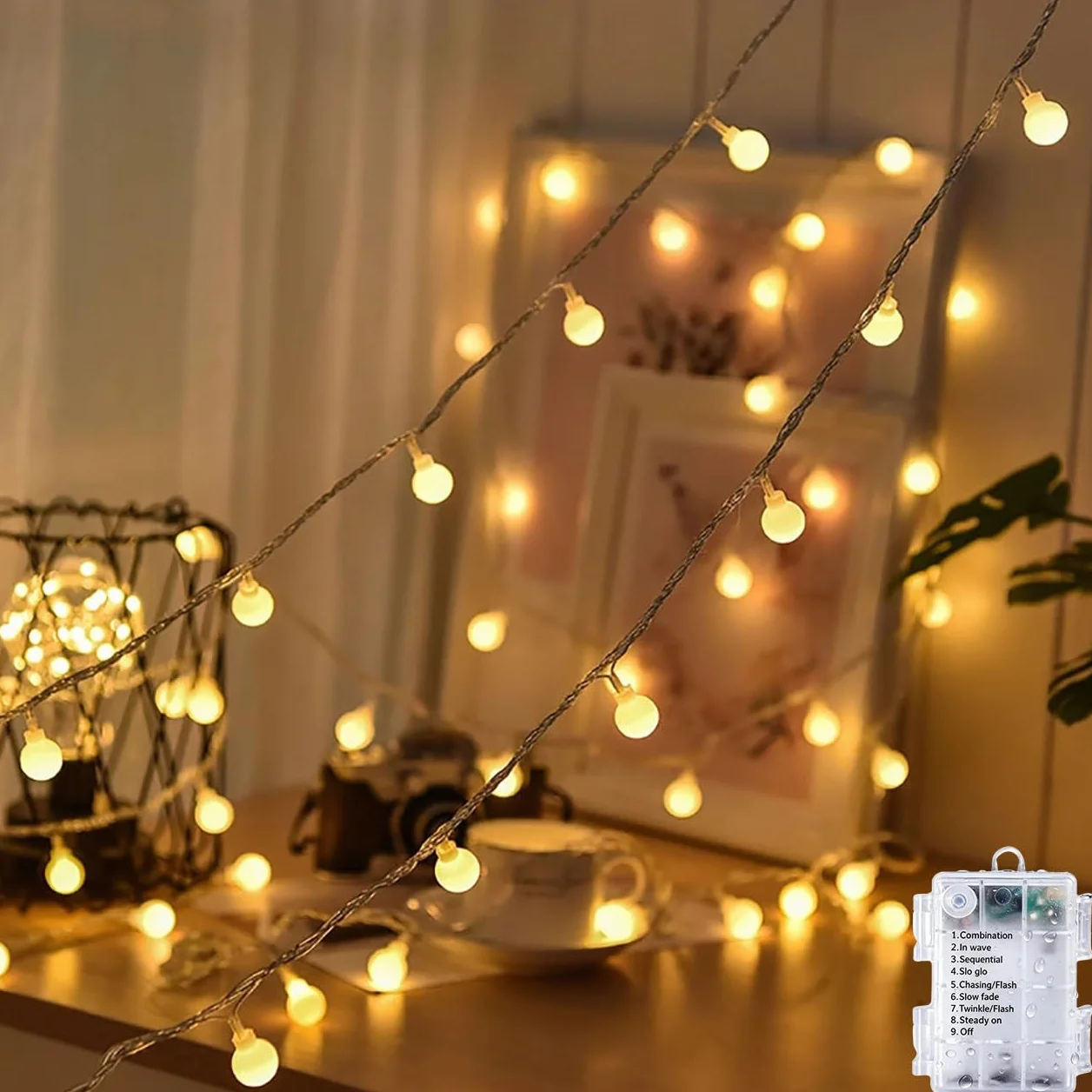 Łańcuch świetlny na baterie, do użytku wewnątrz pomieszczeń, dekoracja bożonarodzeniowa, 5 m, 50 diod LED, łańcuch świetlny, wodoszczelny, ciepła biel, oświetlenie bożonarodzeniowe, do pokoju