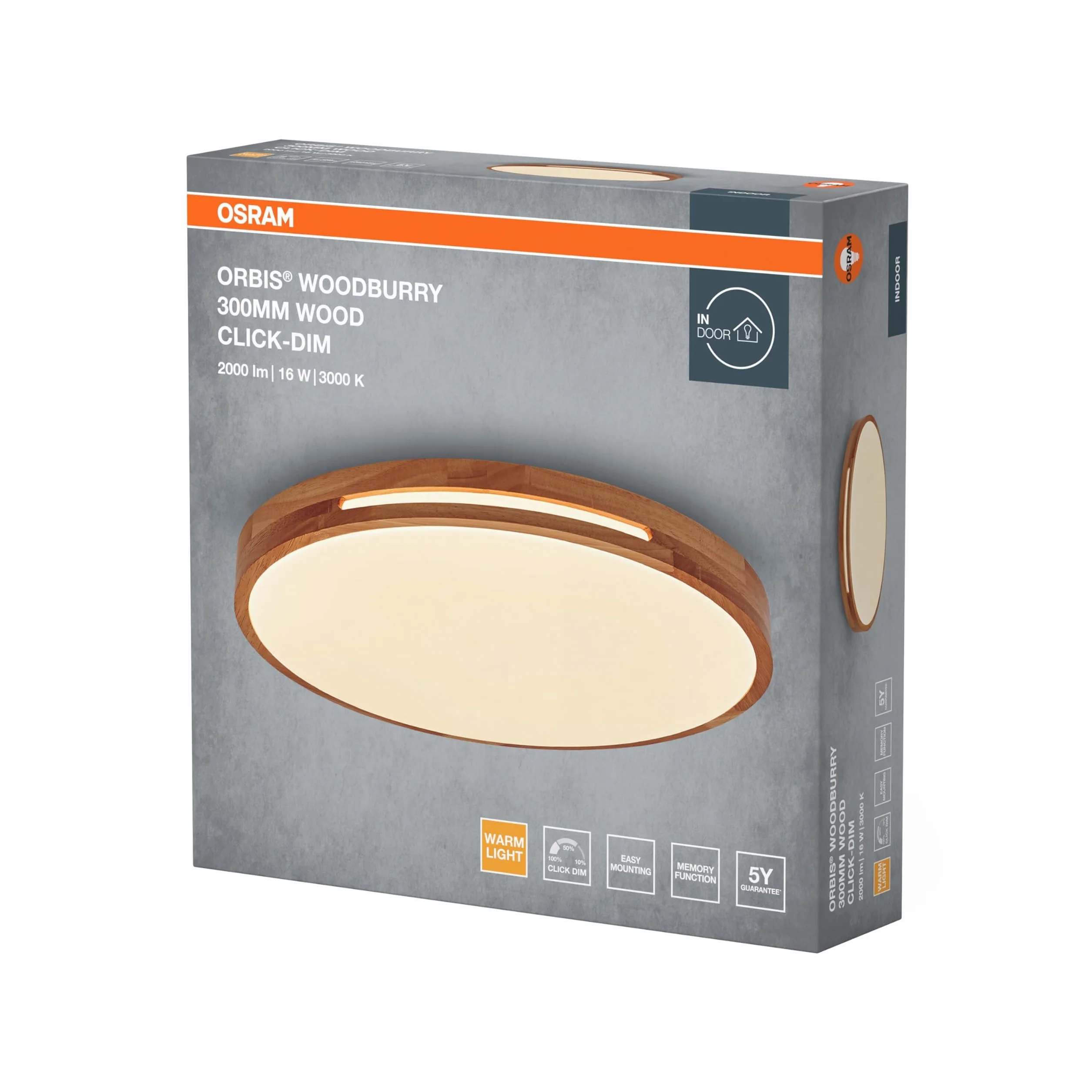 OSRAM ORBIS Woodburry lampa ścienna/sufitowa LED z dekorem drewnianym, 16 W, 1000 lm, 3000 K, średnica 300 mm, przyjazna ciepła biel 830, stopień ochrony IP20, w komplecie śruby montażowe i kołki