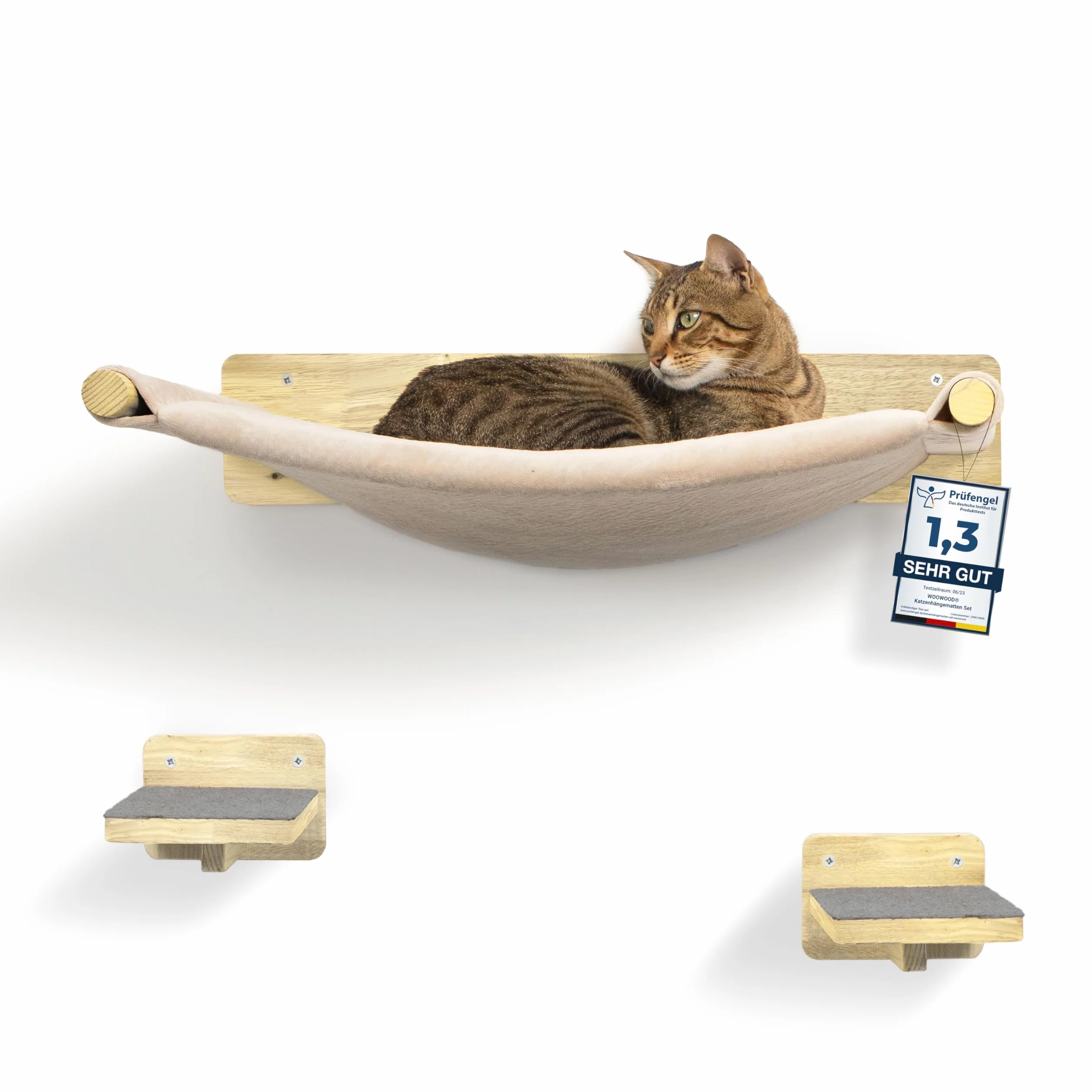 WOOWOOD® Ścianka wspinaczkowa dla kotów - 2 x Schodki ścienne dla kota [Pełne drewno] - Drzewko do wspinaczki na ścianie - Koci hamak - Ścianka do wspinaczki - Meble dla kotów - Ścianka dla kotów