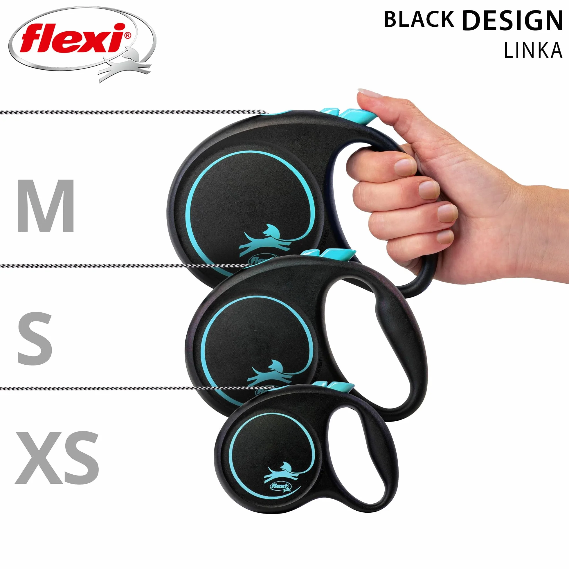 Flexi, model smyczy w kolorze czarnym, wersja ze sznurkiem, nowoczesny i ergonomiczny kształt, zaawansowany system prowadzenia, zwijana smycz, wyprodukowano w Niemczech, czarno-niebieski, M - 5m