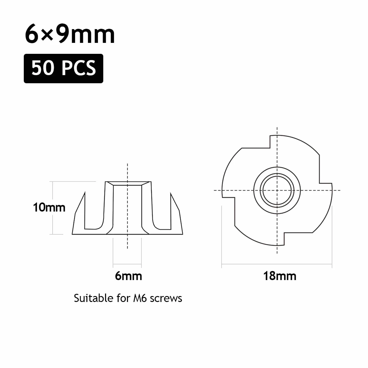 Nakrętki wbijane M6 x 9 mm, 50 sztuk nakrętki gwintowane, nakrętki wkręcane ze stali węglowej z 4 końcówkami do tworzywa sztucznego, drewna, DIN 6930 / ISO 6930 g