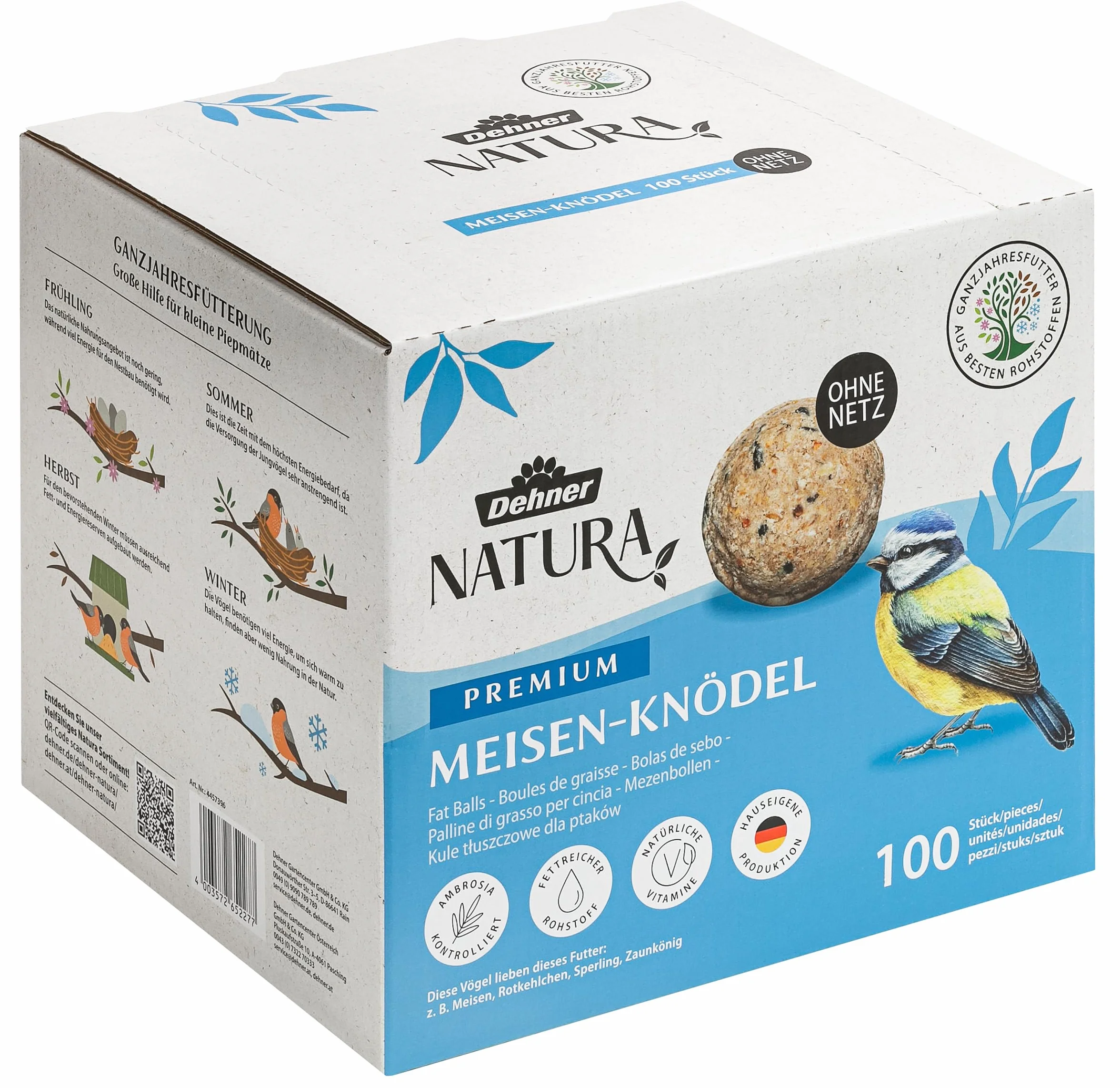 Dehner Natura Premium kule dla sikorki bez siatki, całoroczna karma dla dzikich ptaków, bogata w białko/energię, karma dla dzikich ptaków, 100 sztuk po 90 g (9 kg), karton z certyfikatem FSC