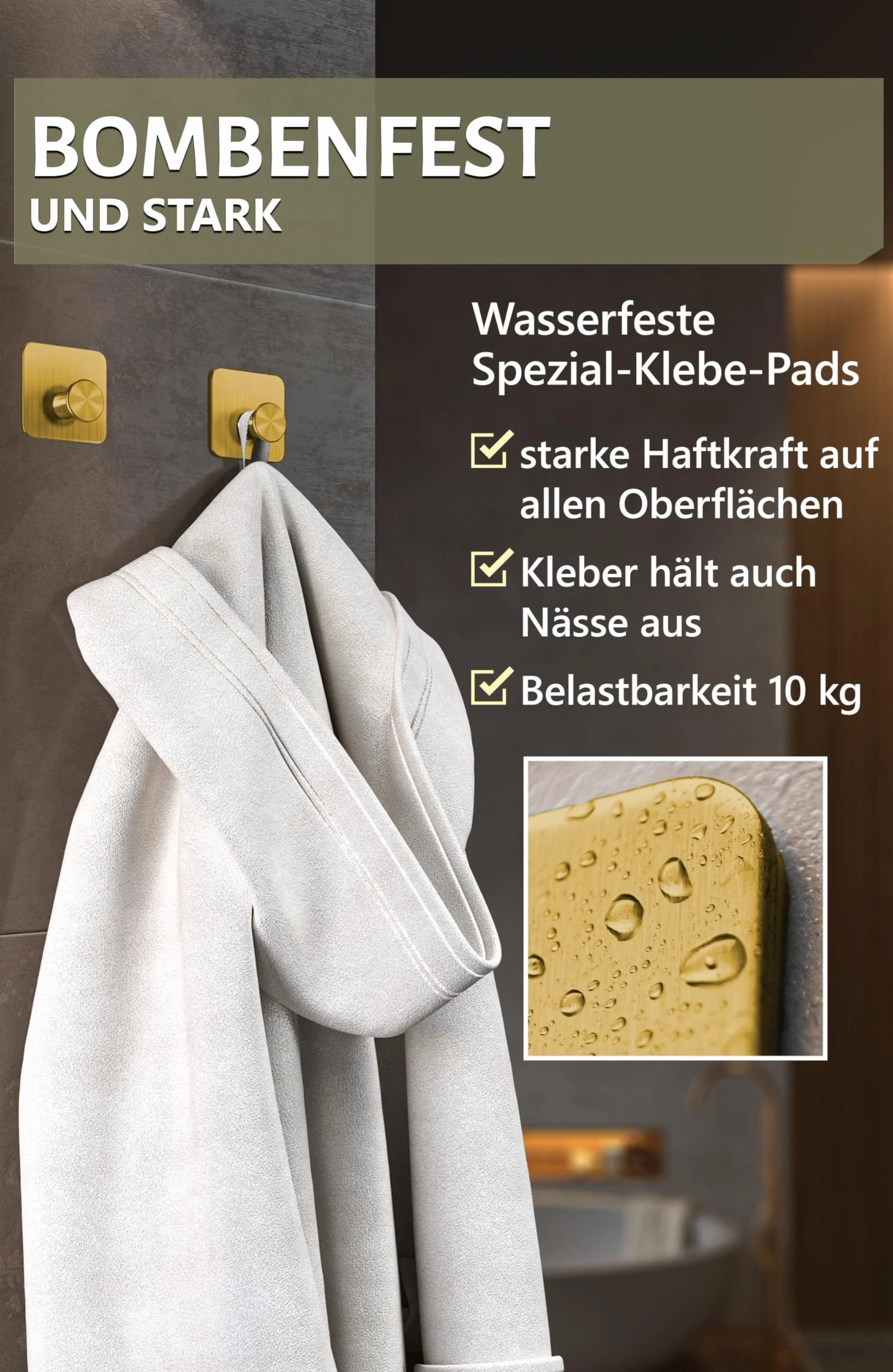 4smile Wieszak na ręczniki bez wiercenia, zestaw 6 sztuk, złoty design, samoprzylepne haczyki z podkładkami samoprzylepnymi 3M, eleganckie haczyki ścienne
