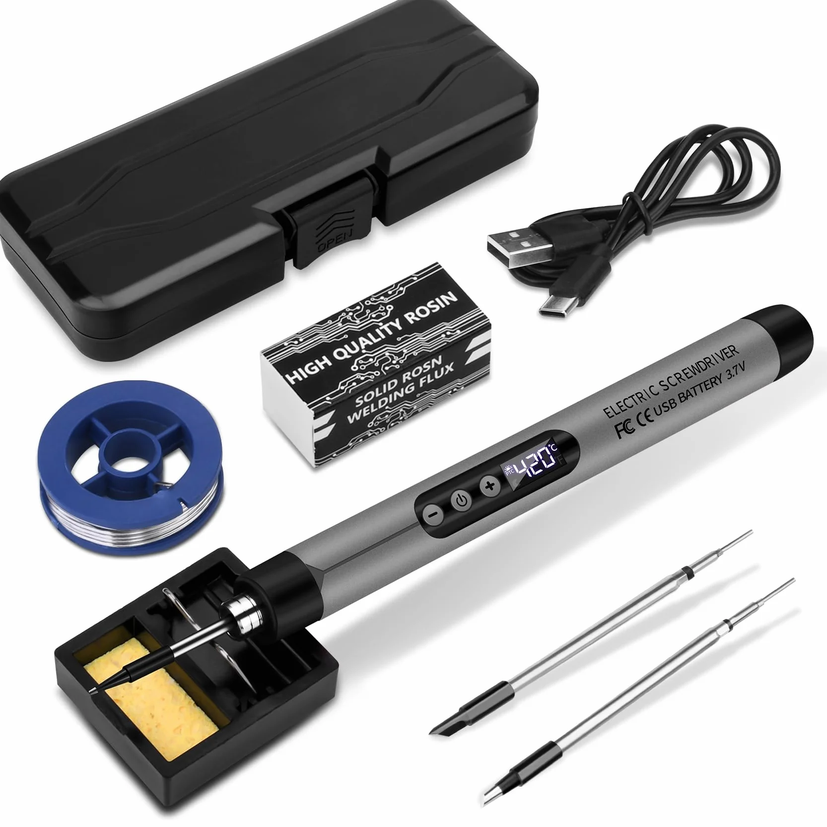 Bezprzewodowy zestaw do lutowania z regulacją temperatury 330-450°C, USB, LCD, 3 groty