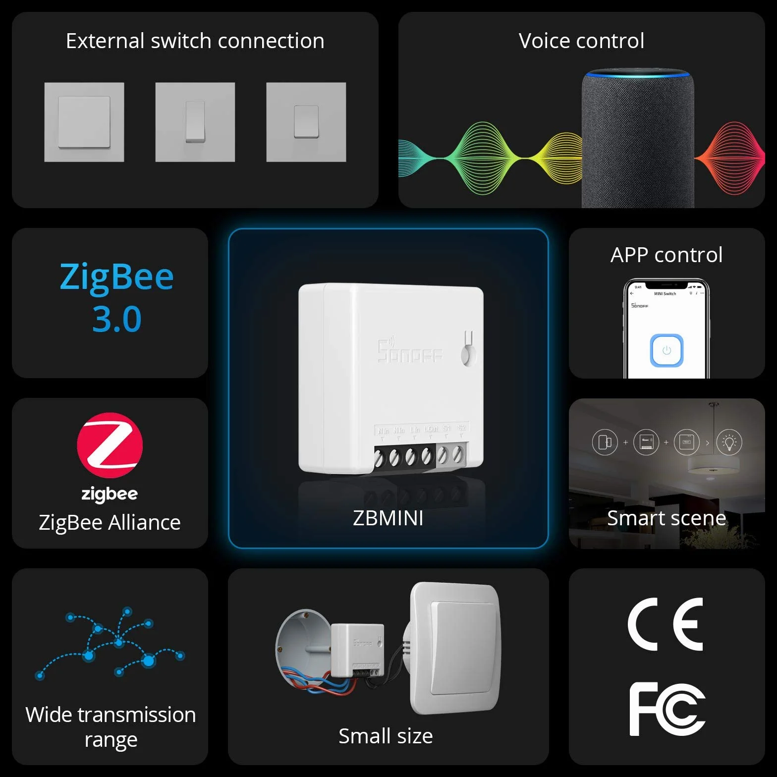 SONOFF ZBMINI Inteligentny Przełącznik ZigBee, 2-Drożny, Kompatybilny z Alexa, SmartThings, Hub, Google Home, ZigBee 3.0 Gateway, 10A/2200W, Certyfikowany