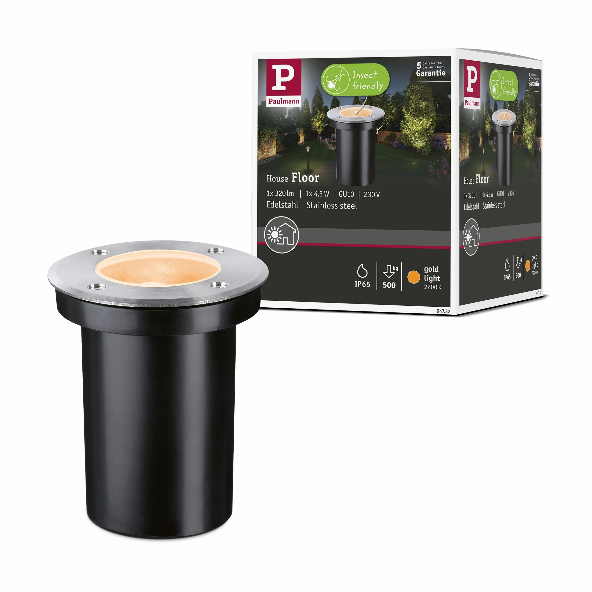 Paulmann 94732 oprawa zewnętrzna LED oprawa dogruntowa złote światło przyjazne owadom IP65 okr. 110mm 2200K 4,3W 320lm 230V stal szlach. tw. szt. GU10