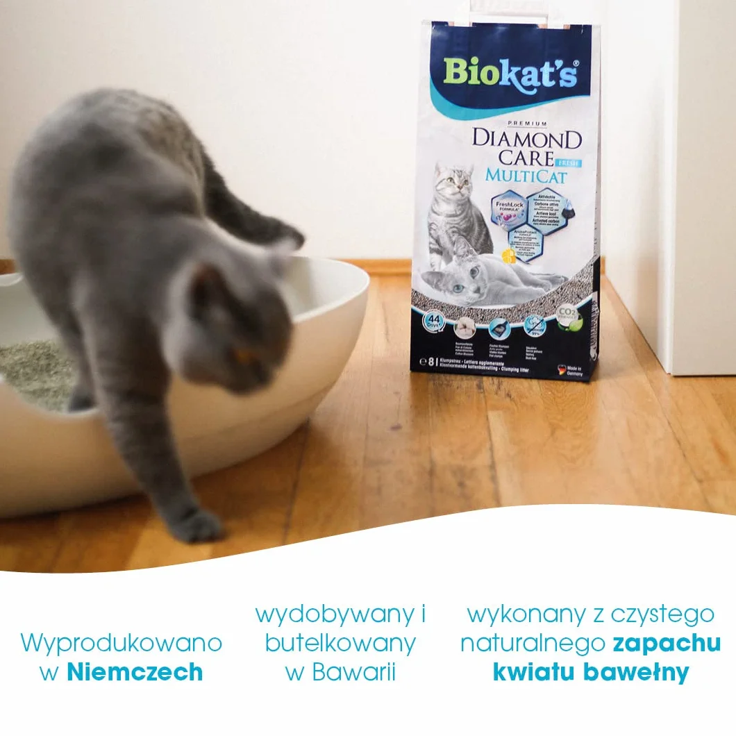 Biokatʼs Diamond Care MultiCat Fresh żwirek zapachowy - Drobnoziarnisty żwirek z węglem aktywnym do domów z kilkoma kotami - 1 worek (1 × 8 l)