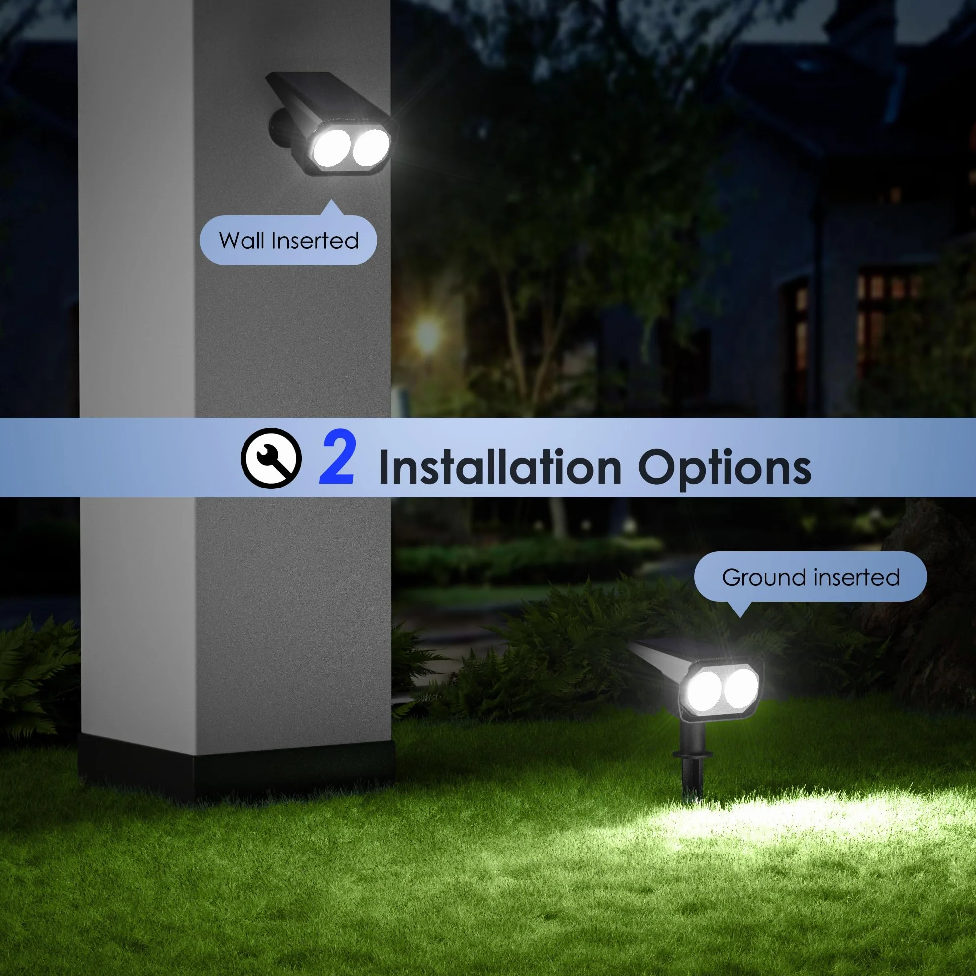 Zewnętrzny reflektor słoneczny Quntis 26LEDs zestaw 2, wodoodporna zewnętrzna lampa słoneczna IP65 z 3 kolorami i 6 trybami, kabel ładujący USB C Zewnętrzne światło słoneczne do dekoracji ogrodu