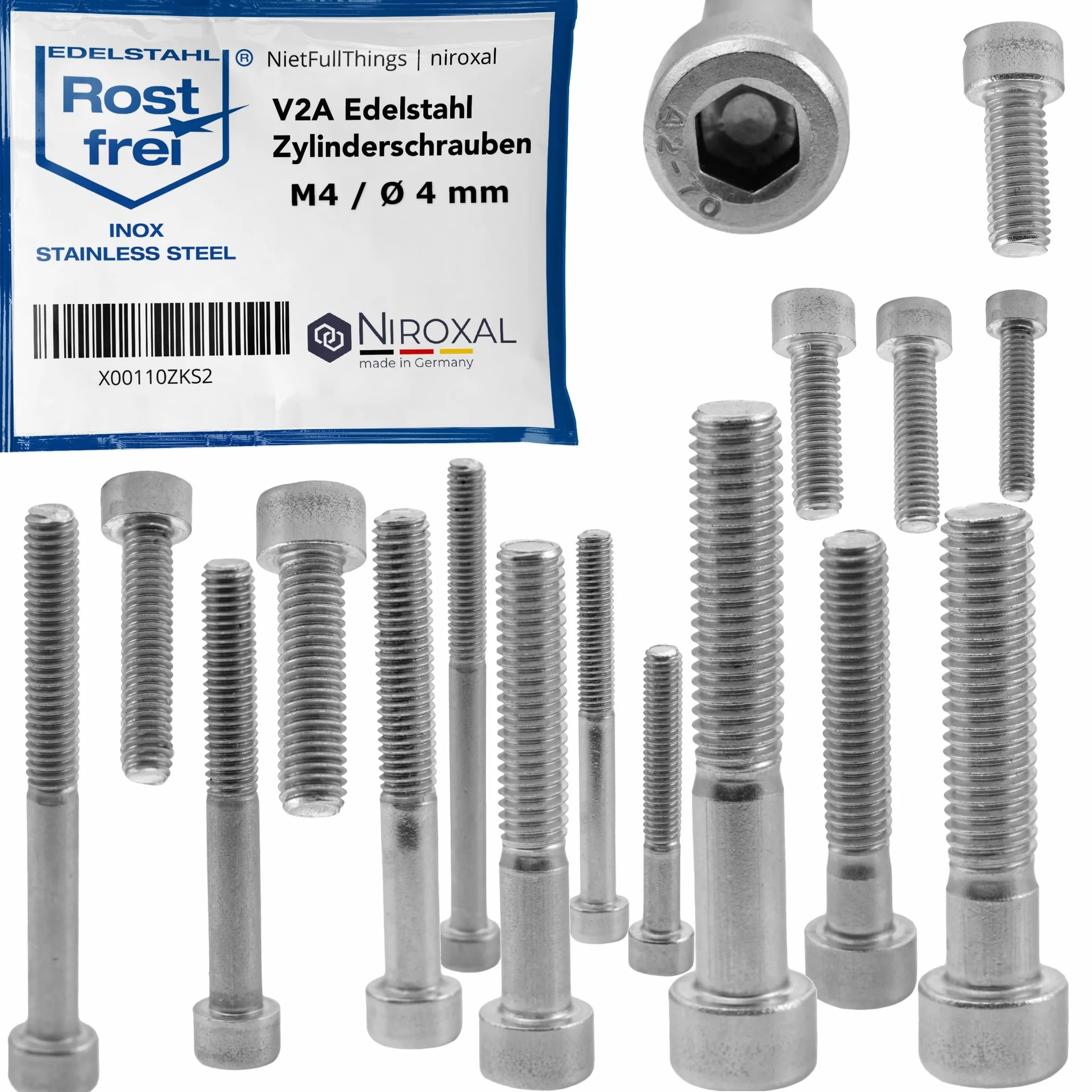Śruba cylindryczna ze stali nierdzewnej V2A M4 x 60 mm, 25 sztuk