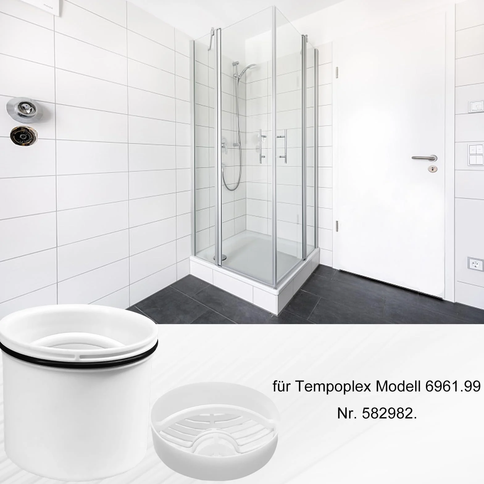 Rura zanurzeniowa do Viega Tempoplex model 6961.99, od roku produkcji 2006, nr 582982, syfon prysznicowy rura zanurzeniowa z uszczelką i 2 odpływami łapacza włosów, średnica 69,6 mm