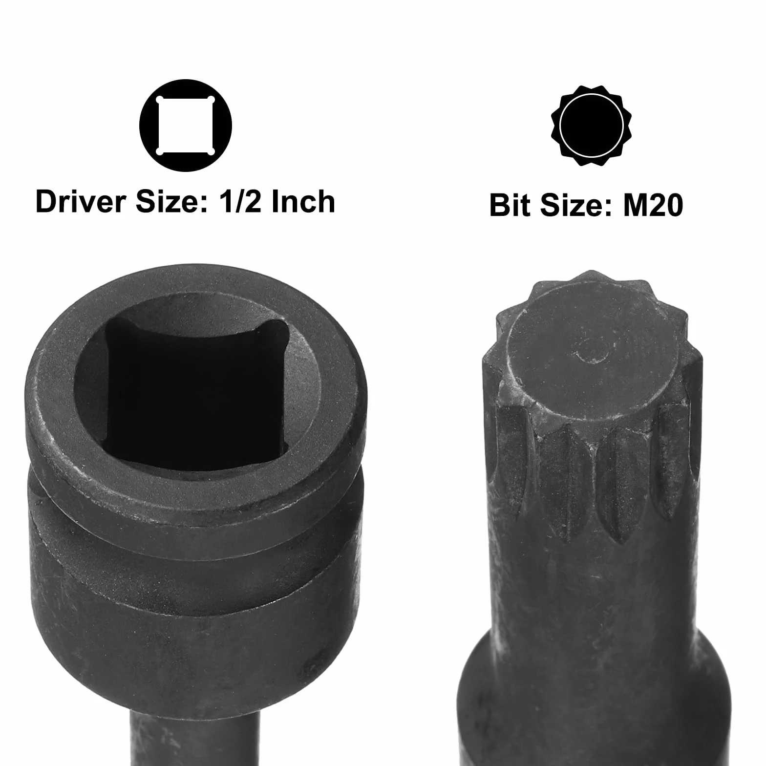 QUARKZMAN 1/2" Drive x M20(20 mm) Potrójny kwadratowy słupek Spline Bit Gniazdo, metryczny 3" długość, stal Cr-Mo do użytku ze sterownikami uderzeniowymi lub ręcznymi kluczami zapadkowymi