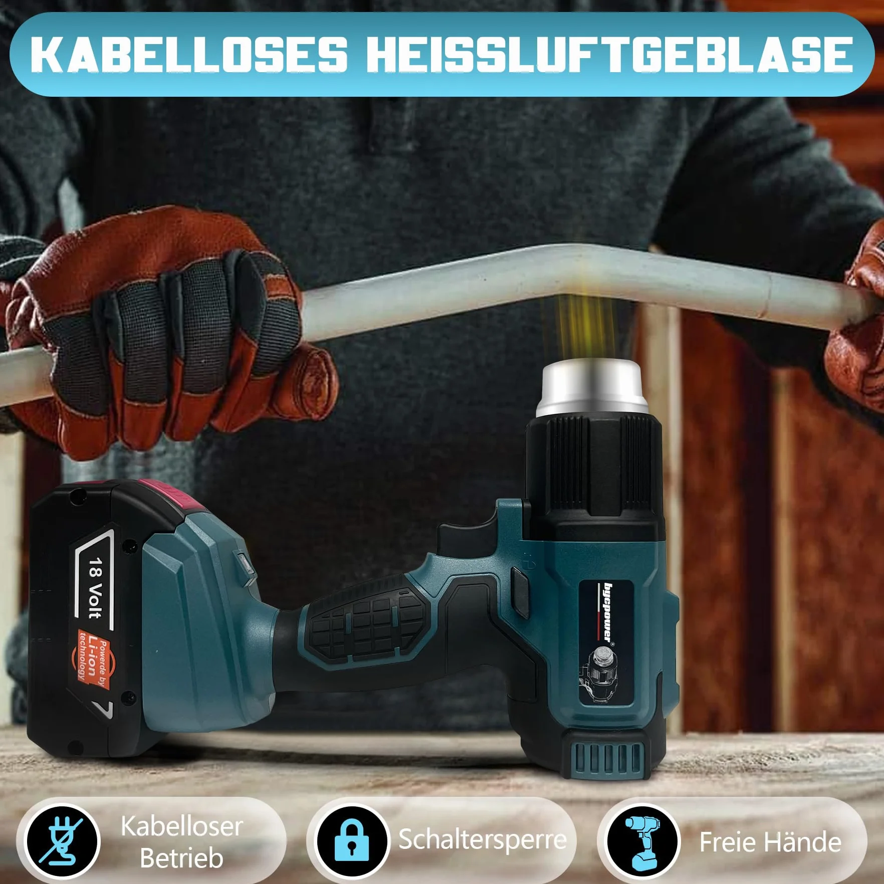 bycpower dmuchawa na gorące powietrze do akumulatorów Bosch Professional 18 V, szybkie nagrzewanie, do lutowania węży termokurczliwych, do folii termokurczliwej, elektroniki, żywicy