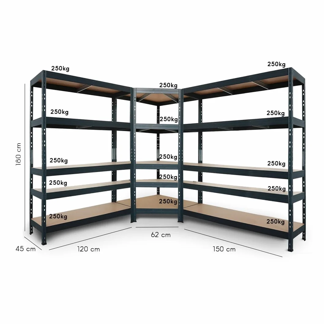 System regałowy narożny 180x90x45x64,5 cm + 2 regały wtykowe Rivet 180x120x45 cm i 180x150x45 cm, 5 półek HDF, 250 kg, antracytowo-szary