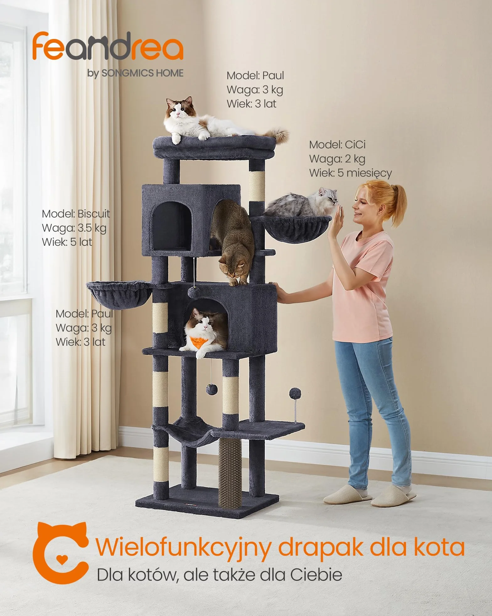 Feandrea duży drapak, wysokość 175 cm, XL, wielopoziomowy drapak dla kota z 2 jaskiniami, 2 leżakami, 5 drapakami, szczotka dla kota, duża platforma, ciemnoszary PCT182G02
