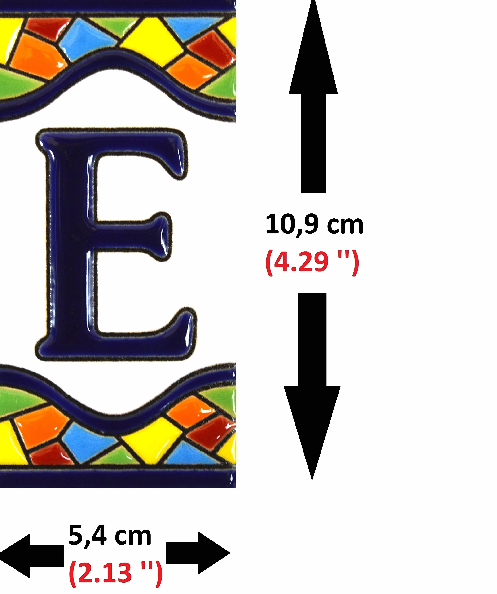 Litery do domów - 10 cm. Ręcznie malowane kafelki z literami do domów na znaki, adresy i nazwiska Numery adresowe do domów. Numery i litery adresowe domu Wzór MOSAICO MEDIANO 10,9 cm x 5,4 cm (LITERA E)