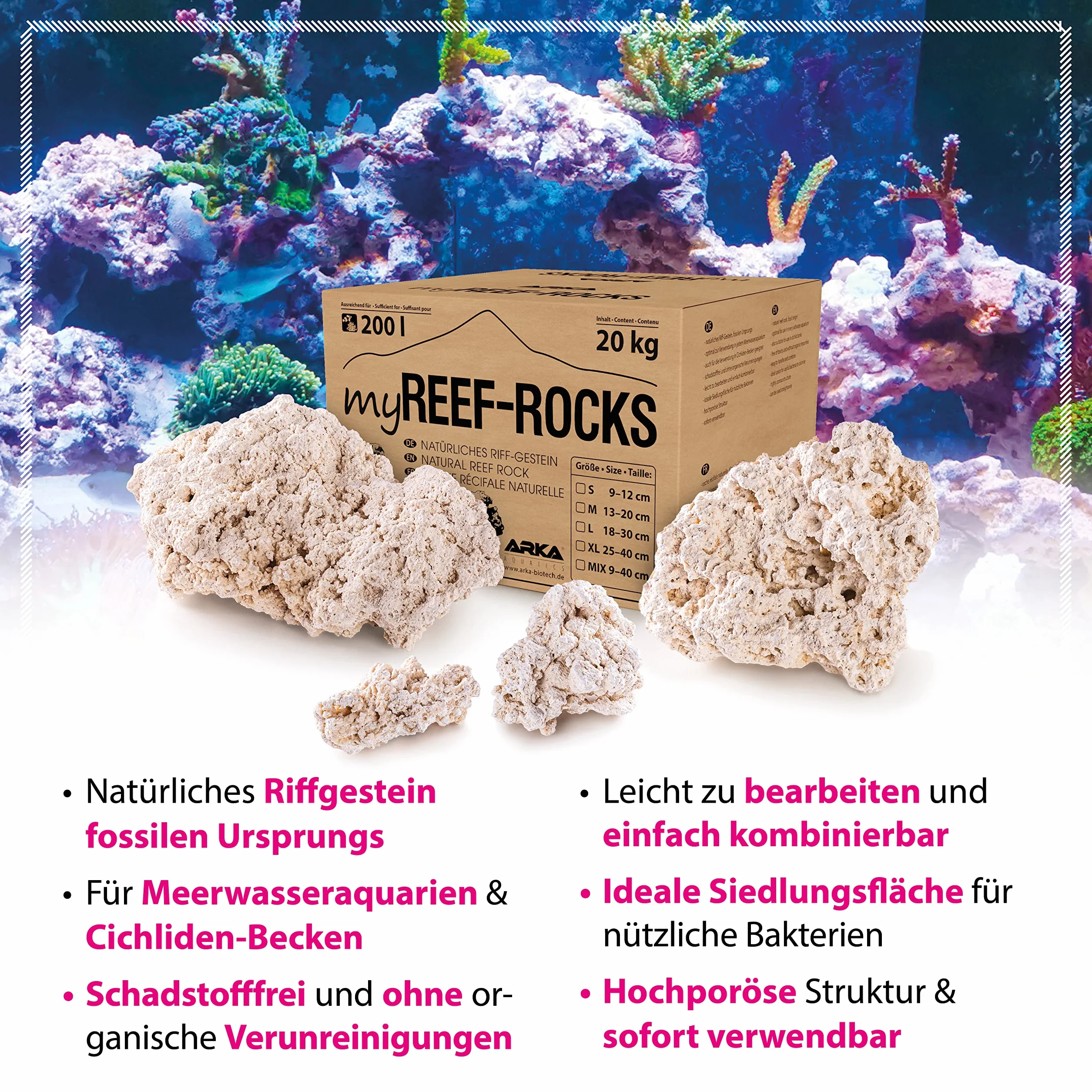 ARKA Aquatics MRRMIX myReef-Rocks - naturalny kamień rafowy, nadaje się również do akwariów cichlide, wysoce porowate, nie zawiera substancji szkodliwych, 20 kg, rozmiar uniwersalny
